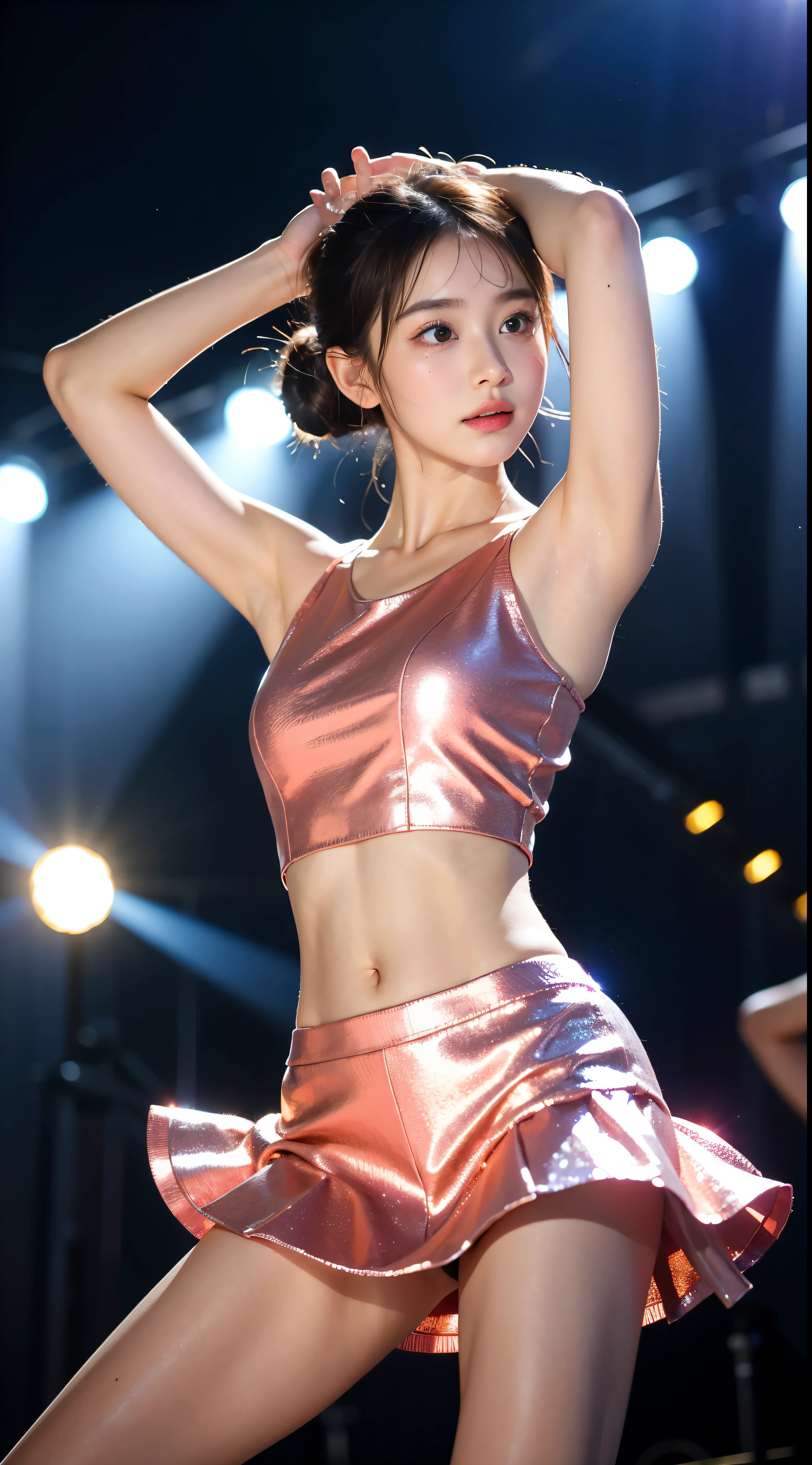 (8K、Raw photography、Photorealsitic:1.25)、1little girl、( woman with beautiful perfect face、Expressing the joy of dancing with color)、Pose with legs raised high、、Looking at the camera、Line Dance、lipgloss、long eyelashes beautiful look、shiny bare skin、top-quality、超A high resolution、Stage costumes with many jewels shining、Bask in the lights on the stage、a miniskirt、Photograph the whole body、Reduce depth of field