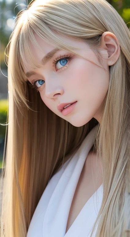 shiny transparent white skin、Wind hair gets in the way of a pretty face、Colossal、20 year old cute sexy little beautiful face、Beautiful straight hair that shines、Very large bright light blue eyes、long silky bangs that cover cute big eyes, Sexy cute young woman with super long hair hiding sexy face、super long natural blonde shiny shiny hair、cheek highlights、Teak Gloss