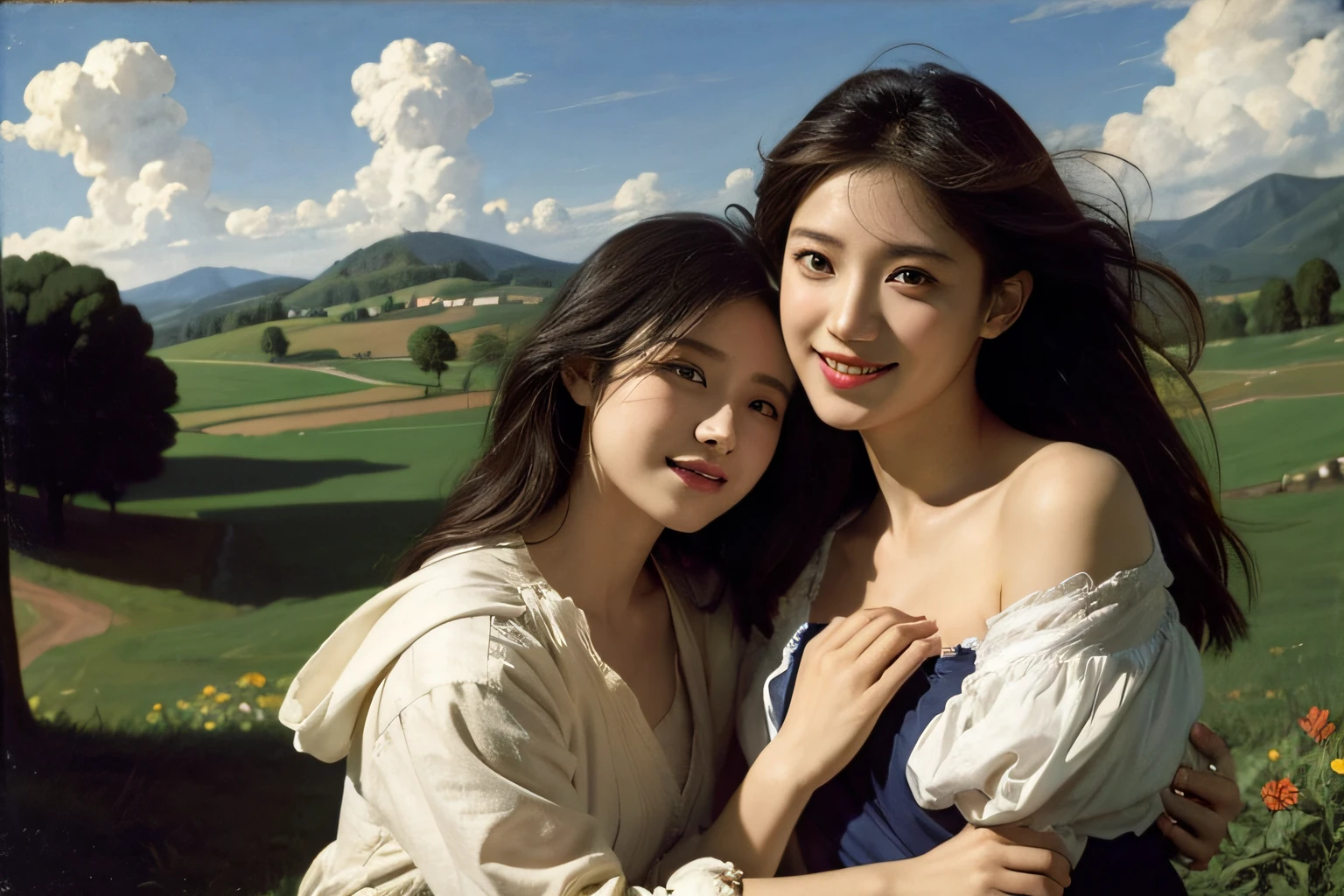 Nicolas Poussin-style landscape,A smile,,Sweet and seductive appearance.、Caravaggio's paintings、Chiaroscuro of Caravaggio、Hair disheveled in the wind,Two women frolicking,Cute smile, Expression of ecstasy,A sexy,erotick