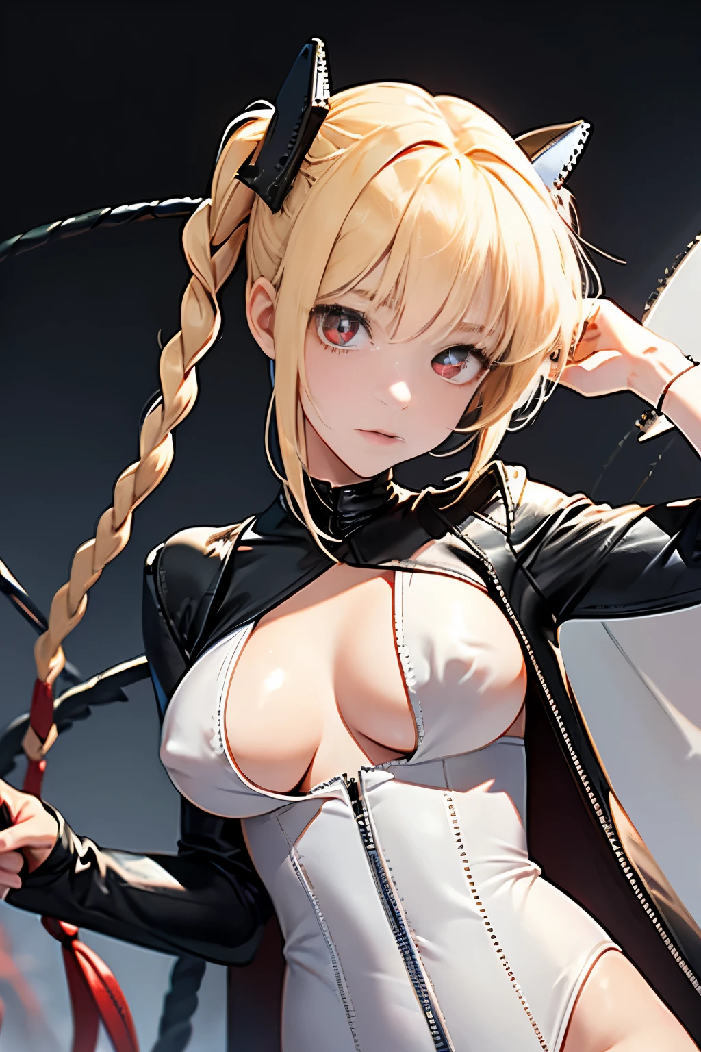 optimum,tmasterpiece,hight resolution,best qualtiy,hyper HD,super detailing,awardwinning,16 K,独奏,(The upper part of the body),anatomy correct,Beautiful cyberpunk girl,Cowboy Shot、cute face,,a blond、Longhaire、Twin-tailed、Braids, Hairline,((scarlet eyes)),long eyelasher,Hanging eye corners,White skin of the,shoot from the side, ((Black leather suit:1.5)), ((Sheer nipples))、Rocket Tits, (Slim body),