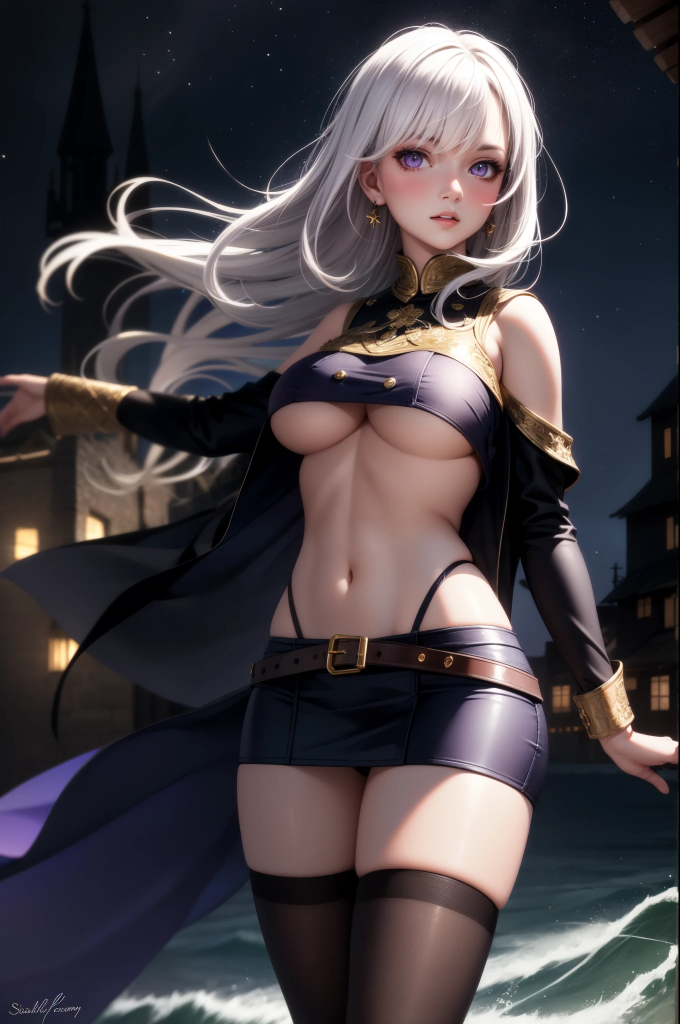 realistic, 1girl, white hair, purple eyes, glowing eyes, (elven:0.4), crop top, flapping plated miniskirt, (underboob:1.5), parted lips, blush, night, night sky, shore, waves, medieval town, sky at night