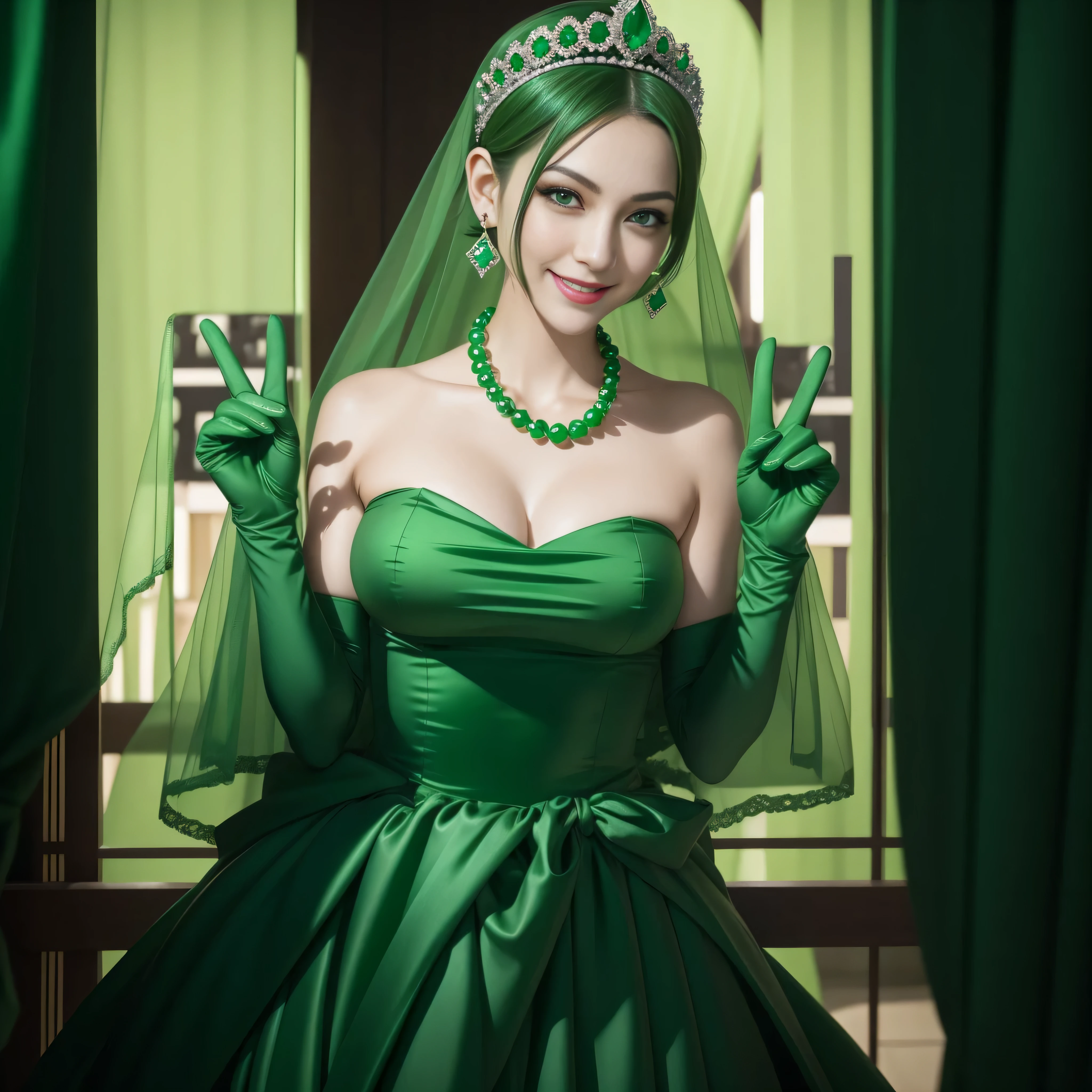 emerald tiara, Green Pearl Necklace, Boyish very short green hair, lipsticks, Japan woman smiling, very short short hair, big breasts beautiful, Green eyes, Long green gloves made of satin material, Green eyes, Emerald Earrings, green vale, v sign