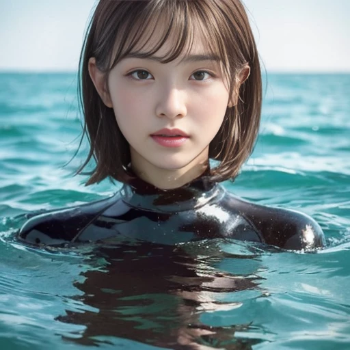 top-quality、masterpiece、超A high resolution、(Photo Real:1.4)、(1girl in)、long-sleeve、(bright colored wetsuit、short-hair)、body suit、high-necked、(wetting hair)、Swim、Floating on water