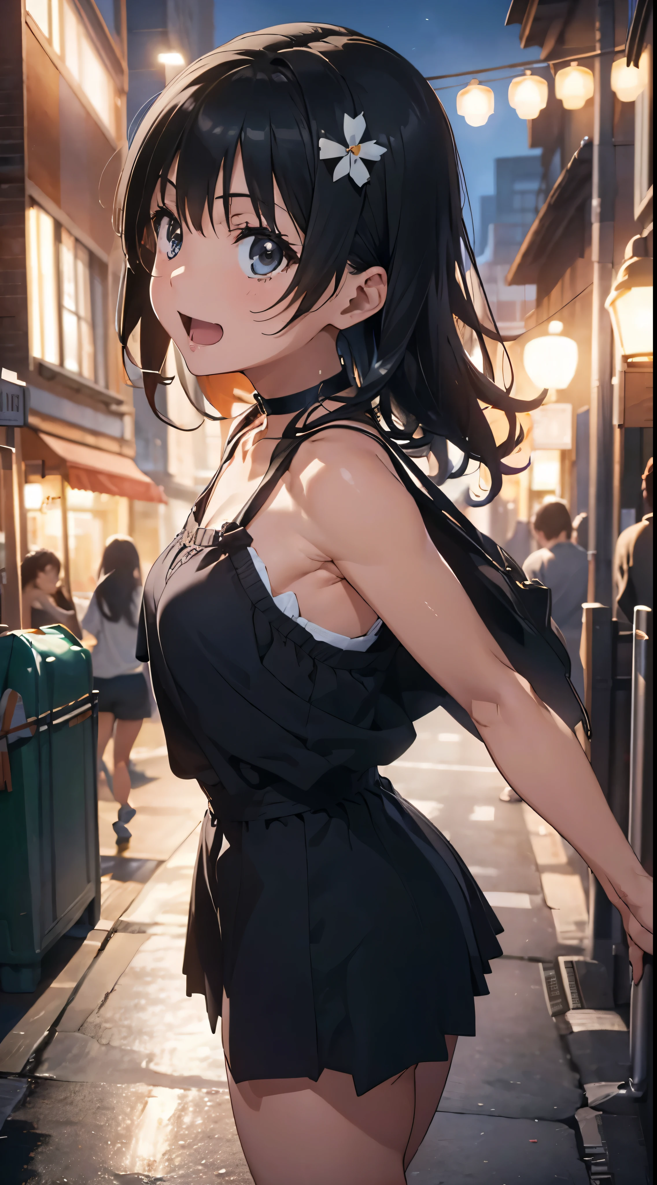 Anime girl in a short black dress standing on a street - SeaArt AI