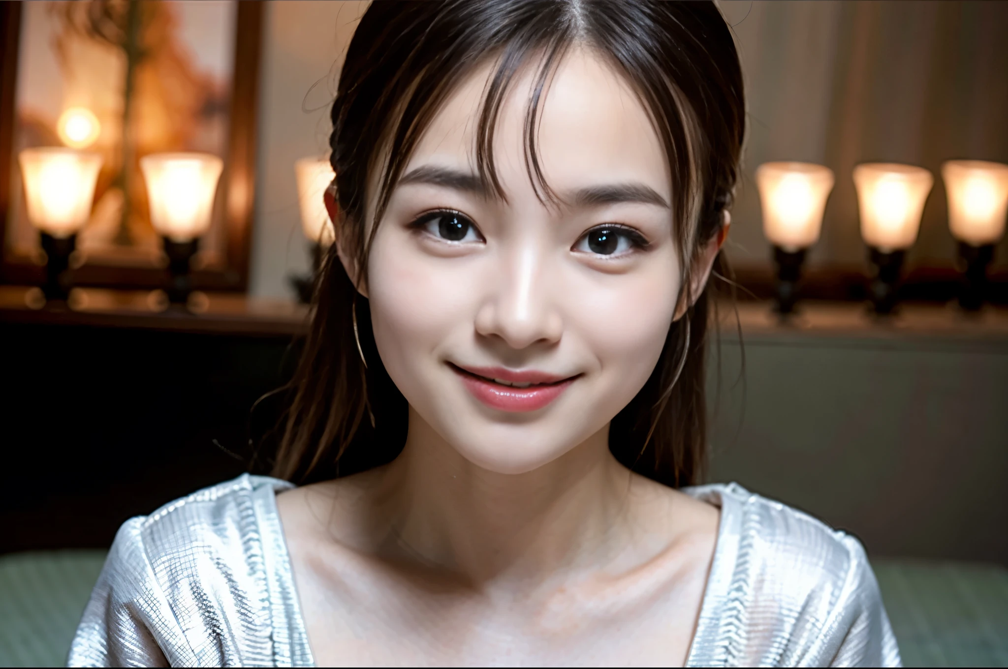 highest quality, masterpiece, Ultra-high resolution, (reality: 1.4), Original photo, 1 female, mature, Smile, short hair, Plump body, , Cinema Lighting, From below,