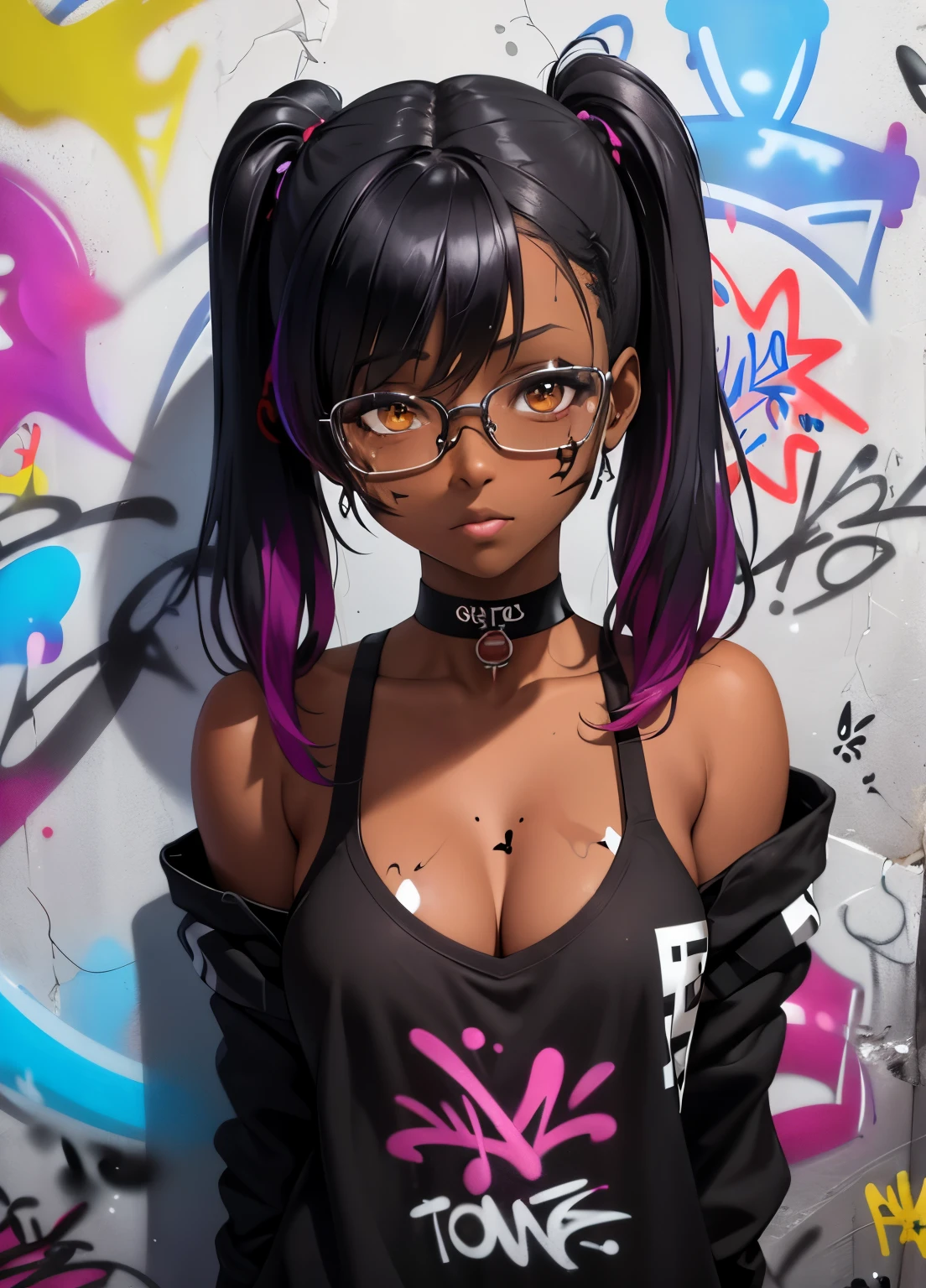 dark skinned, masterpiece, best quality, 1girl, solo, choker, (graffiti:1.5), paint splatter, arms behind back, against wall, looking at viewer, multicolored hair, pigtails, glasses, cleavage