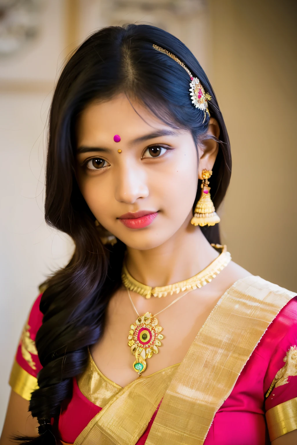 a girl adorned in traditional Indian attire. Emphasize the intricate details. Perfect face, young girl, wide angle photo, 4k, (wide angle) (perfect face)