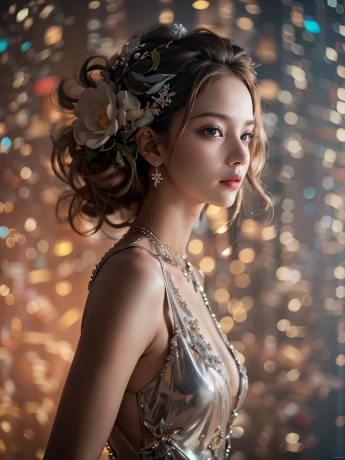 (Best Quality color photo of a mysterious beautiful woman in cocktail dress on a fashion magazine cover, haute couture fashion shoot:1.3),(extremely delicate and beautiful work:1.2),(Fashion magazine Christmas special, designed with a Christmas theme :1.3),(Christmas Lights, pale light, Soft front light :1.2) ,Elegant Pose, glamorous fashion pose, Sacred Light, with neon lights, starryskybackground, Simple background, Luxury Fashion,(she is the embodiment of beauty and charm, elegant and sophisticated fashion:1.1) ,Detailed face, Looking at Viewer, Detailed eyes, Black eyes, Lustrous lips, subtle smile, Forehead ,cleavage, gentle and mysterious expression, High color saturation, surrealism ,(Best Quality, masutepiece, ultra-detailliert, 超A high resolution, Photorealistic, Raw photo, absurderes, absolutely resolution:1.4)