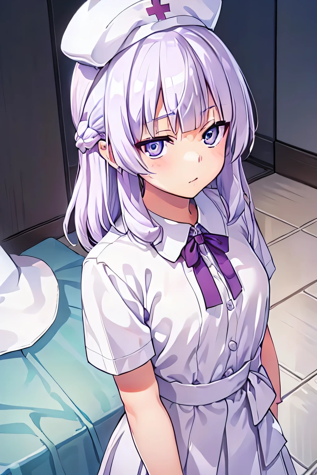 Beautiful eyes、Clean face、1人、Upper body photography、Shot in close-up、(Light purple hair、White hair、Medium Hair) 、Nurse hat、nurse's outfit、nurse's outfit、Mini skirtナース 、Mini skirt、Arms behind your back、armsbehind back、Background Hospital、