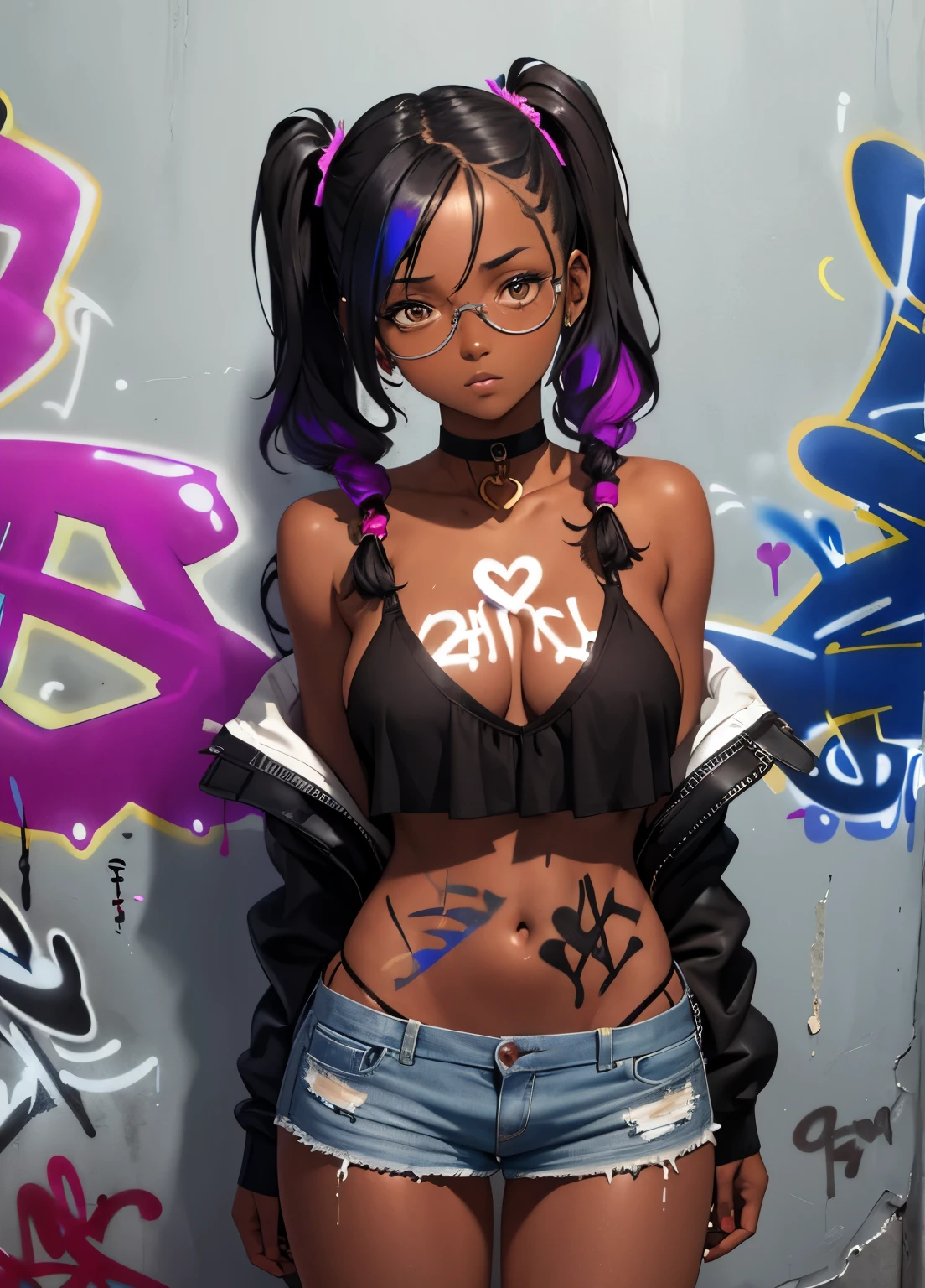 dark skinned, masterpiece, best quality, 1girl, solo, choker, (graffiti:1.5), paint splatter, arms behind back, against wall, looking at viewer, multicolored hair, pigtails, glasses, cleavage