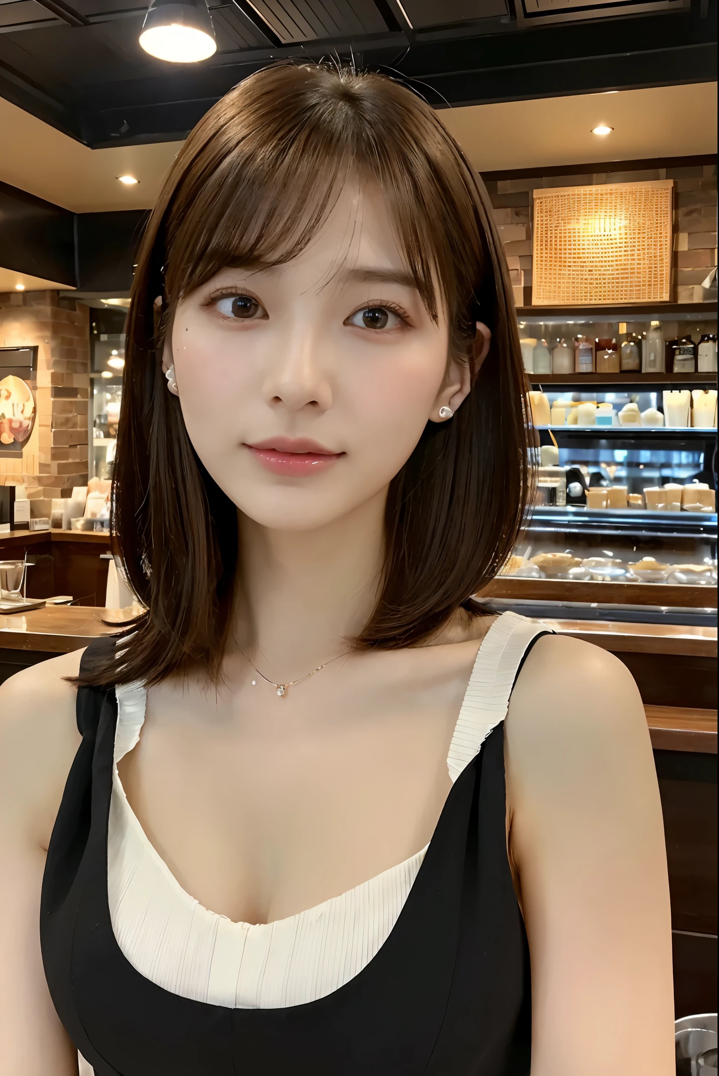 (The ultra -The high-definition:1.5)(ultra-detailliert:1.3) (ultra-quality) (An ultra-high picture quality:1.5) (rialistic photo:1.3) A Japanese Lady 21years old ((detailed and beautiful faces:1.3)) ((realistic skin textures:1.3)) ((Precise, high-quality eyes:1.3)) ((The beauty of detailed and high quality ears, Very fair and transparent skin:1.3)) ((Beautifully groomed straight short bob hair:1.3))Complete body beautiful proportion (Thin sleeveless shirt in fabric) The background is the inside of a cafe at dusk.. Beautiful, Luxurious and stylish interior ((Happy viewer's eyes)) Wet lips ajar Colossal tits unclear kawaii