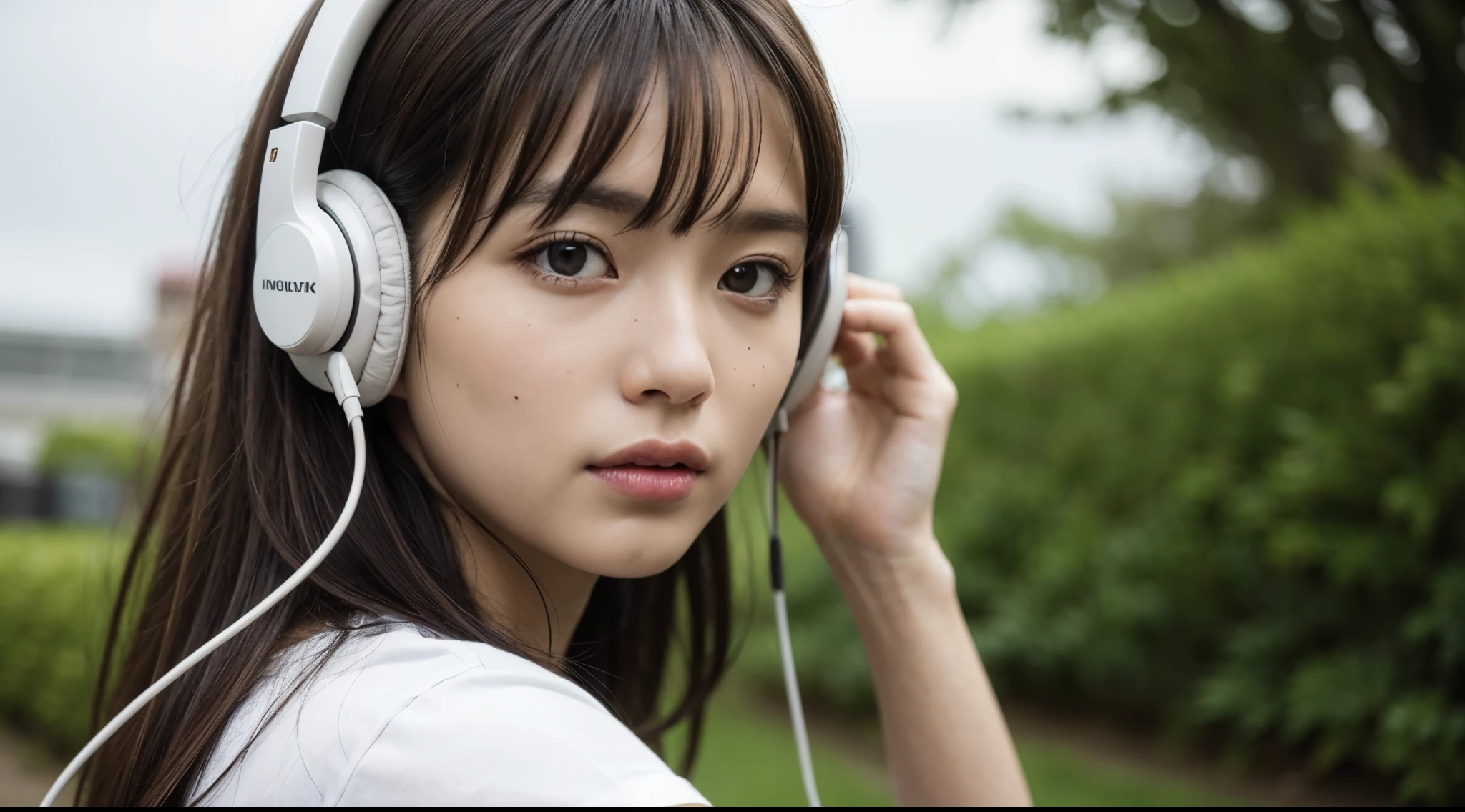 lying on the grass with headphones listening to music with eyes closed
