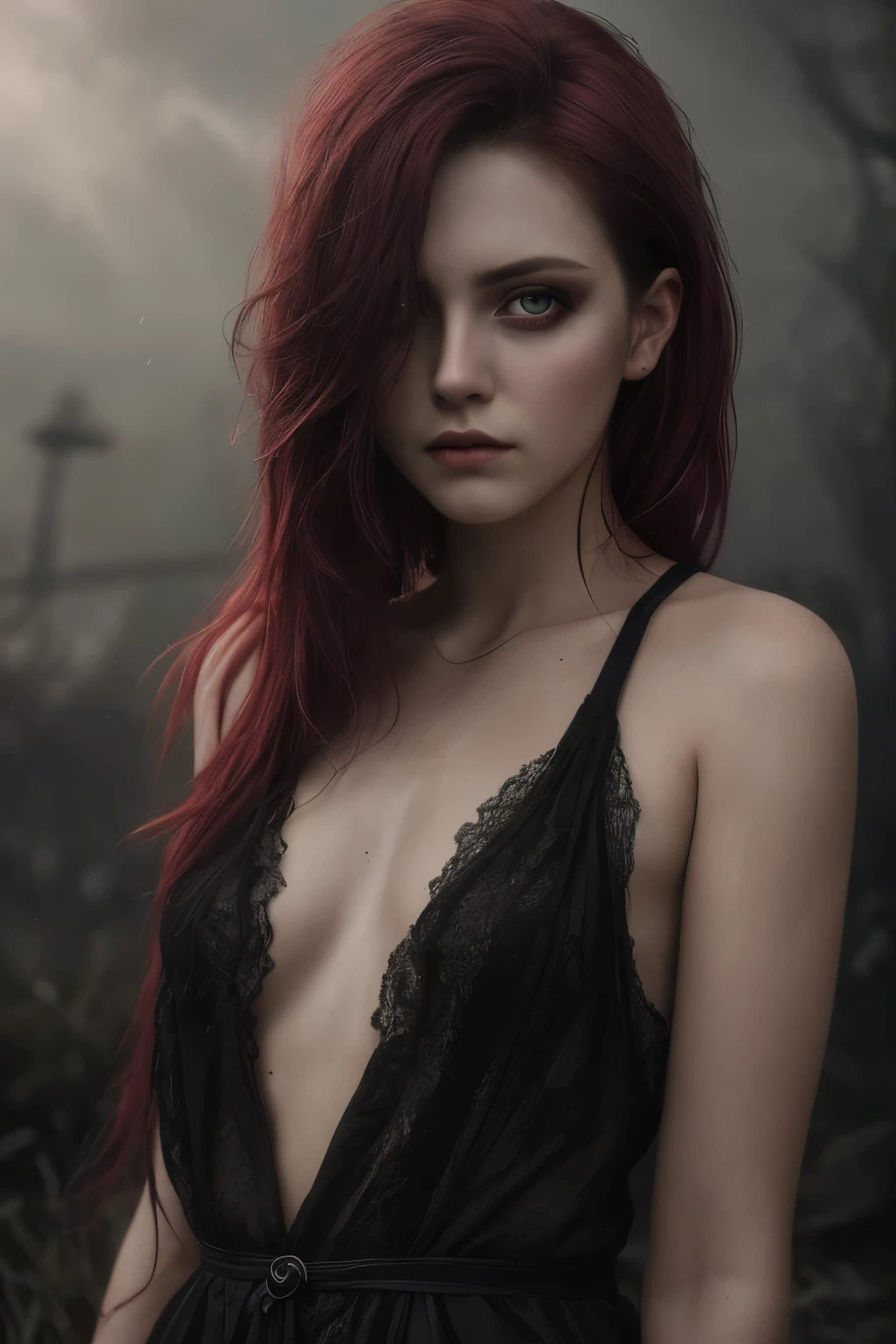 (Realisttic:1.2), analog photo style, cute woman with short black-red multicolored hair, red eyes, (Gloomy and dark atmosphere), soft natural light, faded colours, sexy, great quality, Masterpiece, detailed fantasy background, better performance, 16k quality, HDR, RAW photo