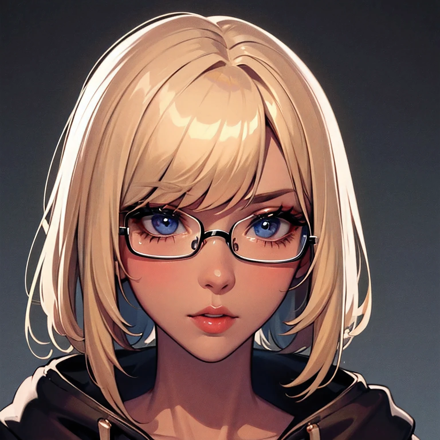 (Best Quality, High resolution), Solo, house wife, (Dark skin:1.2), Pointed, Glasses, Hoodie, close up of face,