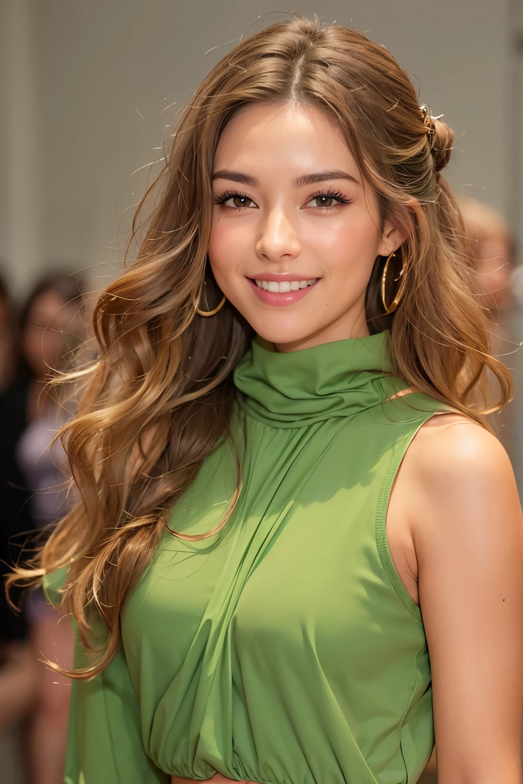 Female((30-years old)), hair((Wavy, Golden brown)), Eyes((smart Eyes, Green)), Clothes((New York Fashion Week, light Green)),  Smiling, Breast Out, Ponytail, Accessories,