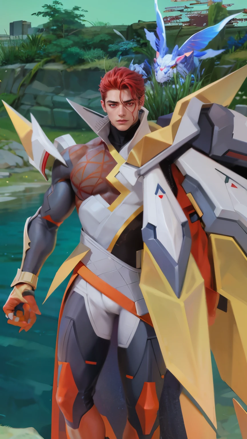 Best quality, masterpiece, detailed skin texture, detailed clothes texture, detailed face, super detail, 8k, intricate detail, 1 boy, The color doesn't change, Muscle guy, 1 guy, strong red eye glow (red eye:1.2), lots hair