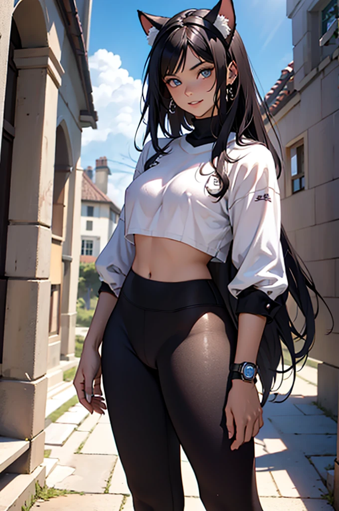 beautiful young female warrior fighter with cat ears on her head, com rosto bem detalhado e bonito, belos olhos, belos olhos, rosto lindo, beautiful young woman wearing long brown leggings with black details, sueter apertado branco, standing in a castle, usando bota preta, cabelo comprido com franja preto, ,orelhas de gato, belo sorriso, tomboy, um pouco musculosa,suter branco com cinta em volta, olhar serio,usando jaqueta de couro apertado preto, com ombreiras de prata nos ombros