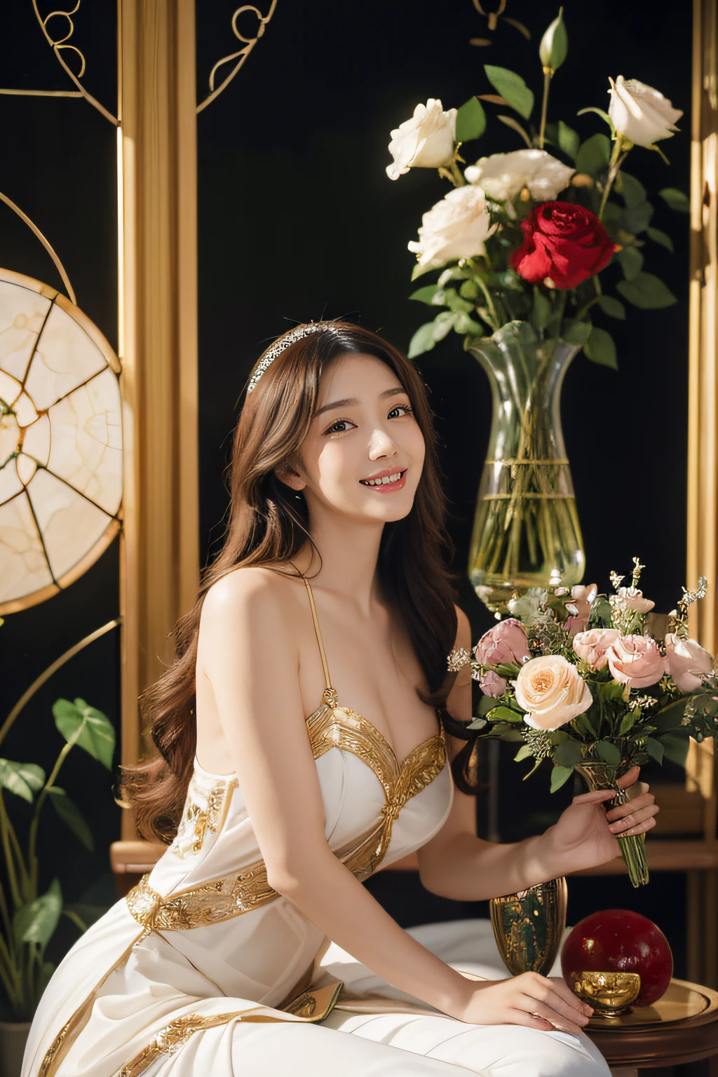 Geometry,stain glass,12 zodiac signs,Vigée Leblanc style,Math、Astronomical utensils,astronault,Roses in a vase,fruits,cute little,A smile,Ancient Greek costumes,Paintings by Sandro Botticelli,Costume with stretched shoulders,huge smile,large full breasts,Ecstasy expression,A sexy,Beautiful bare skin