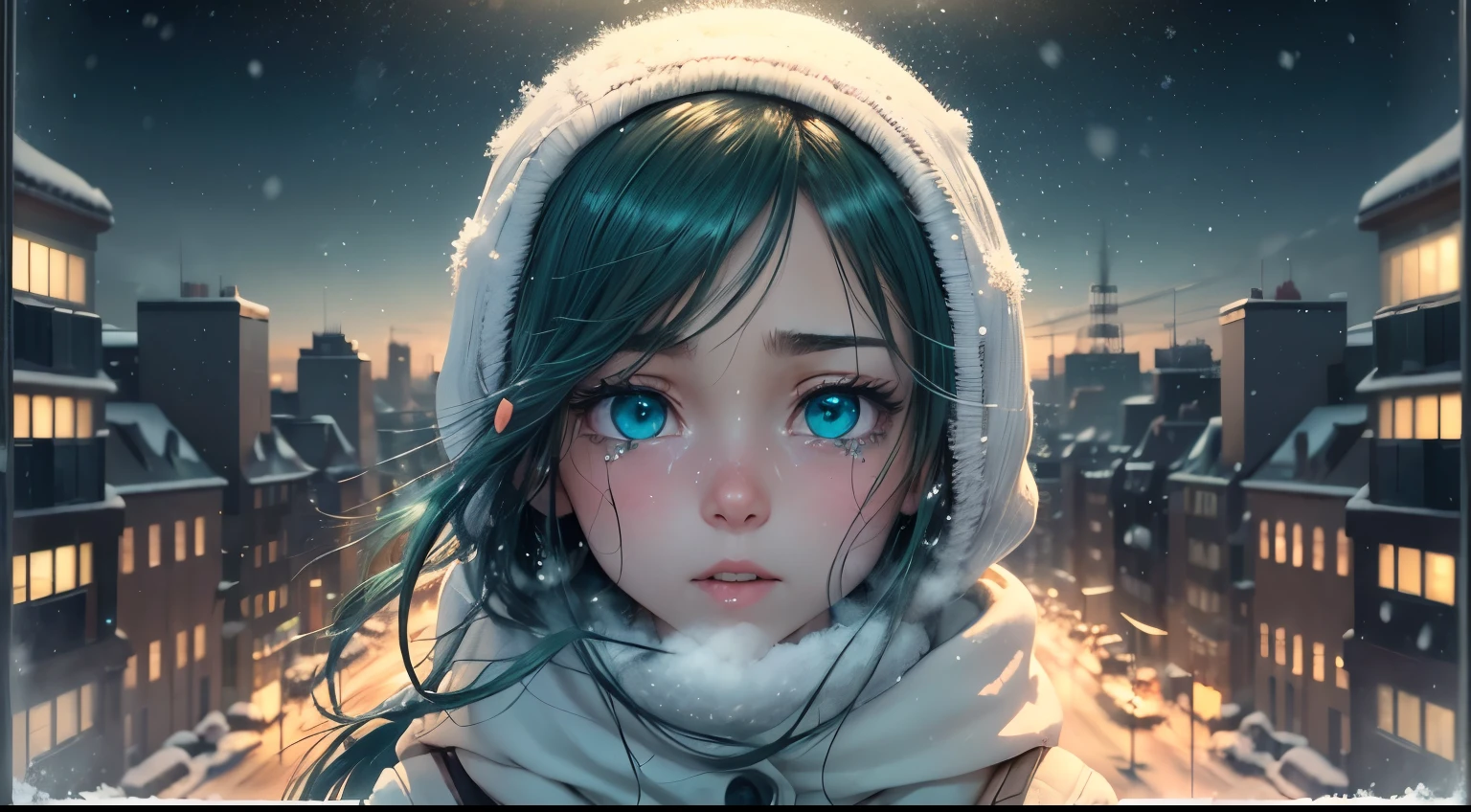 (crying,anime girl),(blue-green eyes,extremely detailed eyes),(big window view,panoramic view),(snow,winter wonderland),(night city street,empty street),(best quality,ultra-detailed,realistic),(portrait,anime),(blue-green color palette),(soft and warm lighting)
