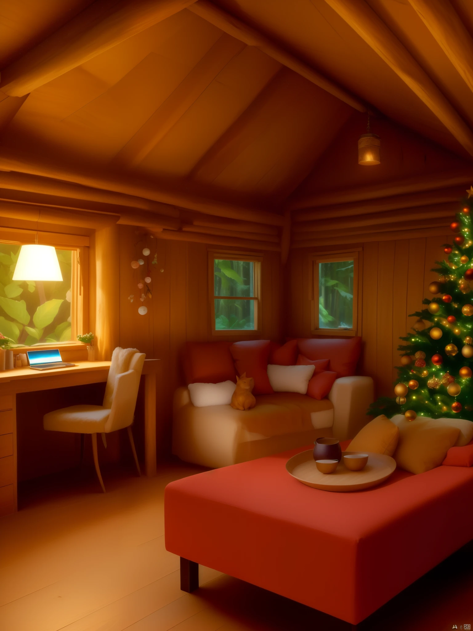 There is a Christmas tree in the corner of the room, tomas kinkade. cute cozy room, Home background, cozy place, cozy environment, Comfortable wallpaper, charming scene of a, inside of a cabin, tomas kinkade. forest room, cozy environment, cozy room, Rendering in Arnold, Comfortable and peaceful atmosphere, highly detailed scenario, In the hut, comfortable atmosphere