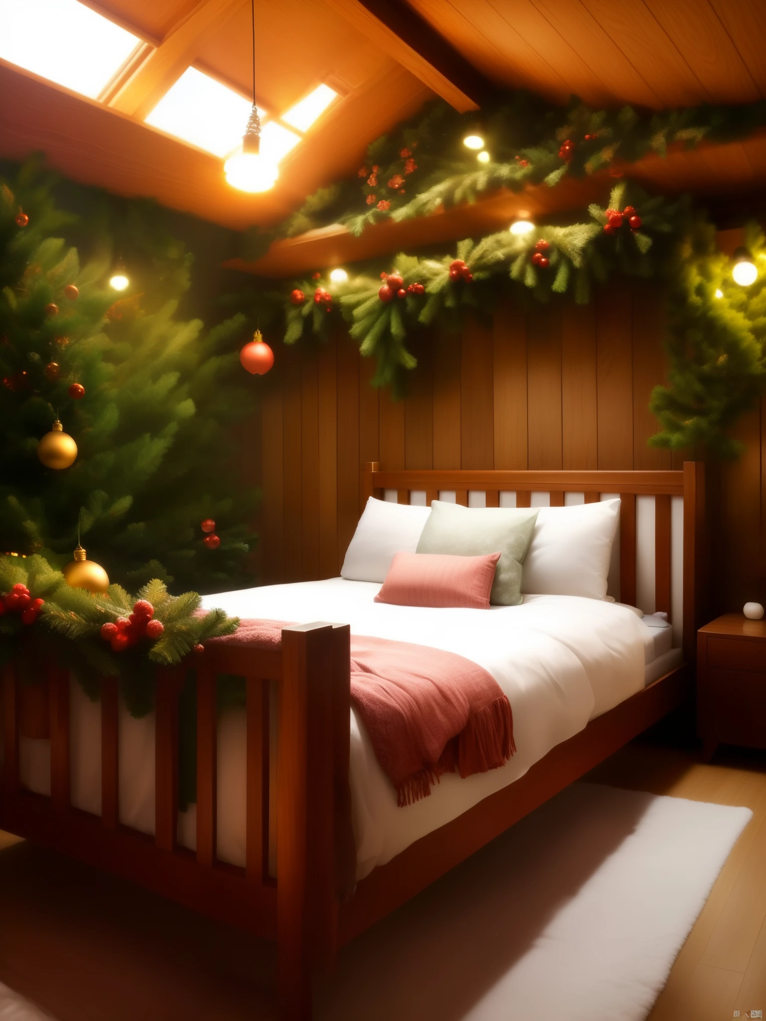 There is a bed with a white blanket and a Christmas tree, Christmas Eve, cozily的树屋卧室, cozily enchanted scene, cozily的房间, Decoration around the room, cozily的床, window shutters, cozily而平静, cozily的环境, cozily宁静的氛围, Resort atmosphere, bedroom background, tomas kinkade. cute cozily的房间, goodnight, Home background, cozily