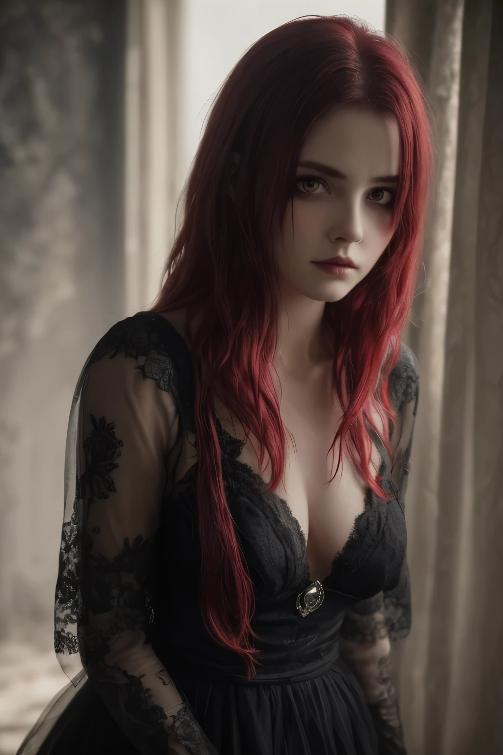 (Realisttic:1.2), analog photo style, cute woman with short black-red multicolored hair, red eyes, (Gloomy and dark atmosphere), soft natural light, faded colours, sexy, great quality, Masterpiece, detailed fantasy background, better performance, 16k quality, HDR, RAW photo