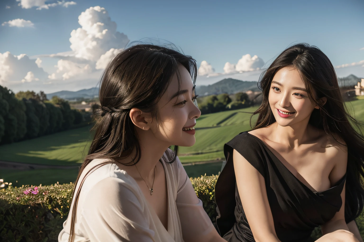 Poussin-style landscape,A smile,,Sweet and seductive appearance.、Caravaggio's paintings、Chiaroscuro of Caravaggio、Hair disheveled in the wind,Two women frolicking,Cute smile, Expression of ecstasy,A sexy,erotick