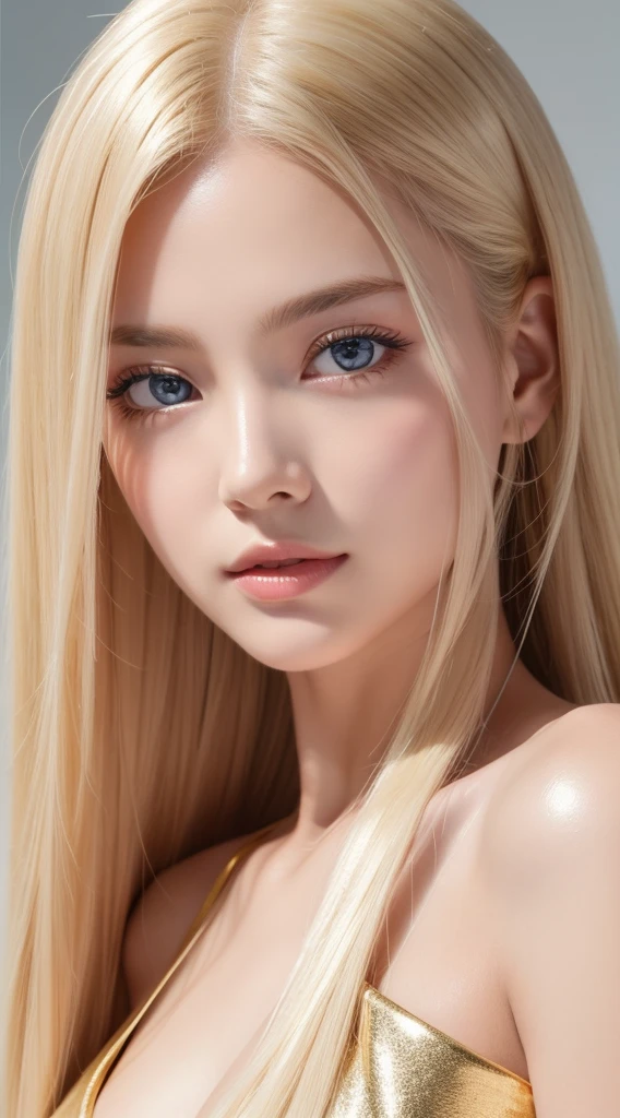 Beautiful girl nature photo, wear a loose-fitting crop top, Super long, Fluffy, Realistic platinum blonde hair that shines in gold、Super long hair as beautiful as silk、bright expression、Large bust, fix your gaze on the camera, large pale light blue eyes、eye shadow, symmetrical eye, Small face beauty、symmetry face, Photorealism, Photography, Pfadverfolgung, Mirror lighting, Volumetrisches Gesichtslicht, Hair traced in the past, Visible shadows, Convoluted, Expensive, Blank background、Gloss Face、Teak Gloss、White shiny skin、very beautiful cute face、