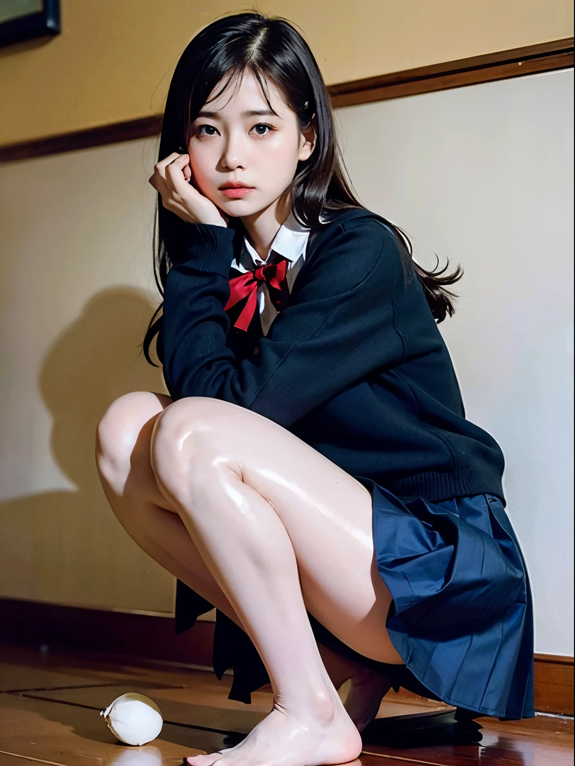 ((Dark blue socks)) Put your hands on your knee-length loafers)a blond、((White panties are visible))(Squatting panty shots)二重まぶた Lascivious detailed eyes、ultra-detailliert、hight resolution、Transcendent beauty top-quality、masterpiece、、(Japanese girls' high school uniform))、Very detailed expression school classrooms Highly detailed appearance 21 year old girl、front facing、((dynamicposes)))、(Sitting on legs with bent knees))、pleatedskirt、Ribbon 1,2 Sexy Upper Eyes A slight smil low angles