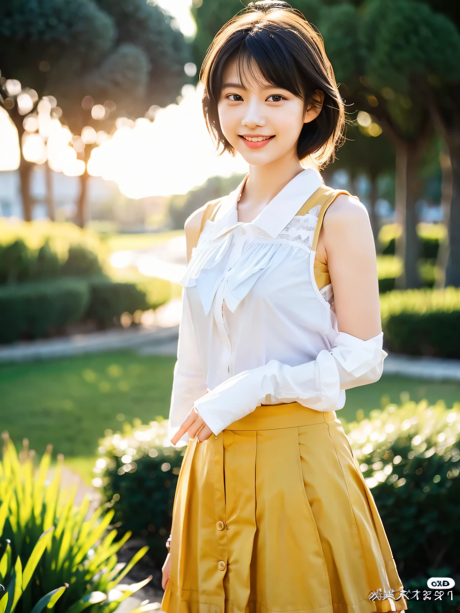 Masterpiece, top quality, official art, highly detailed CG Unity 8K wallpaper, like a schoolgirl, very delicate and beautiful, ultra high resolution, (photorealistic: 1.4), golden hour lighting, (upper body), (platinum shorthair: 0.8), (puffy eyes), looking at the viewer, facing the front, smiling, JK skirt, white dress, Shirt Lift Long Black Hair