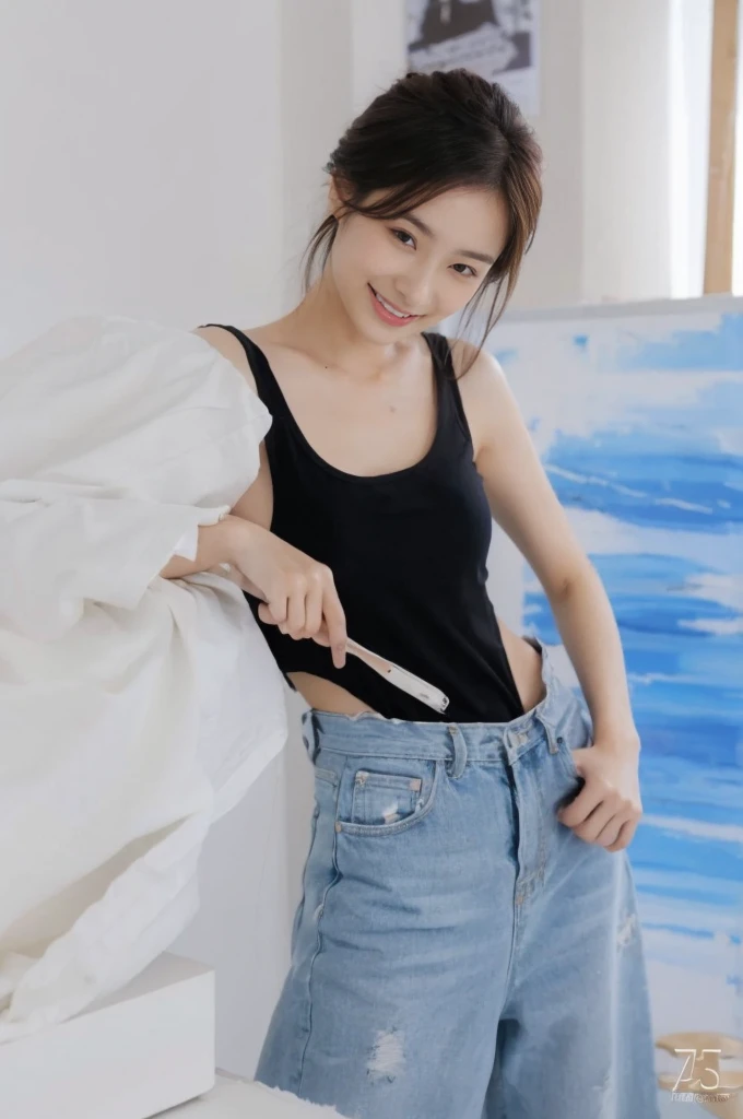 (On a table, Best quality, realistically, ultra - detailed, meticuloso, A high resolution, 8k wallpaper), Close-up portrait of a beautiful woman, Chariada, Smiling, light brown messy hair, Perfect dynamic composition, 美丽meticuloso的眼睛, Just like the cover of a fashion magazine, On campus