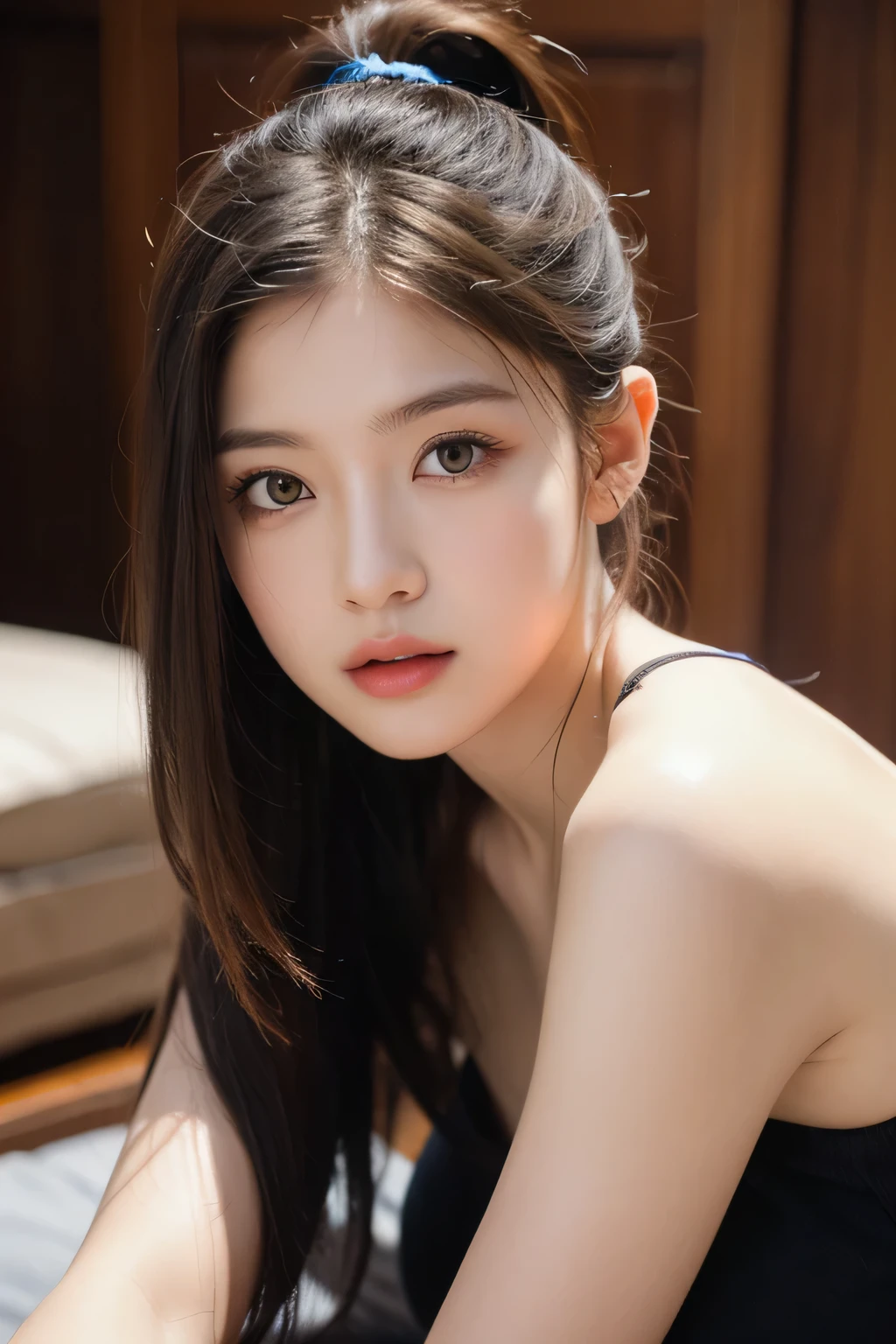((NSFW))、(masterpiece:1.5)、(8K)、(Photorealsitic:1.5)、Raw photography、(Top image quality:1.4)、(foco nítido:1.5)、 top-quality、masterpiece、超A high resolution、Perfect dynamic composition、
20 years old、slender、Unwind in the living room、prety woman:1.4、serious facial expression、
White knitted sweater(Tight Dress)Put on the、
light brown hair、Hairstyle is ponytail、Glowing hair、
Super Detail Face、A detailed eye、二重まぶた、 Natural Color Lip、Transparent skin、
Colossal tits,