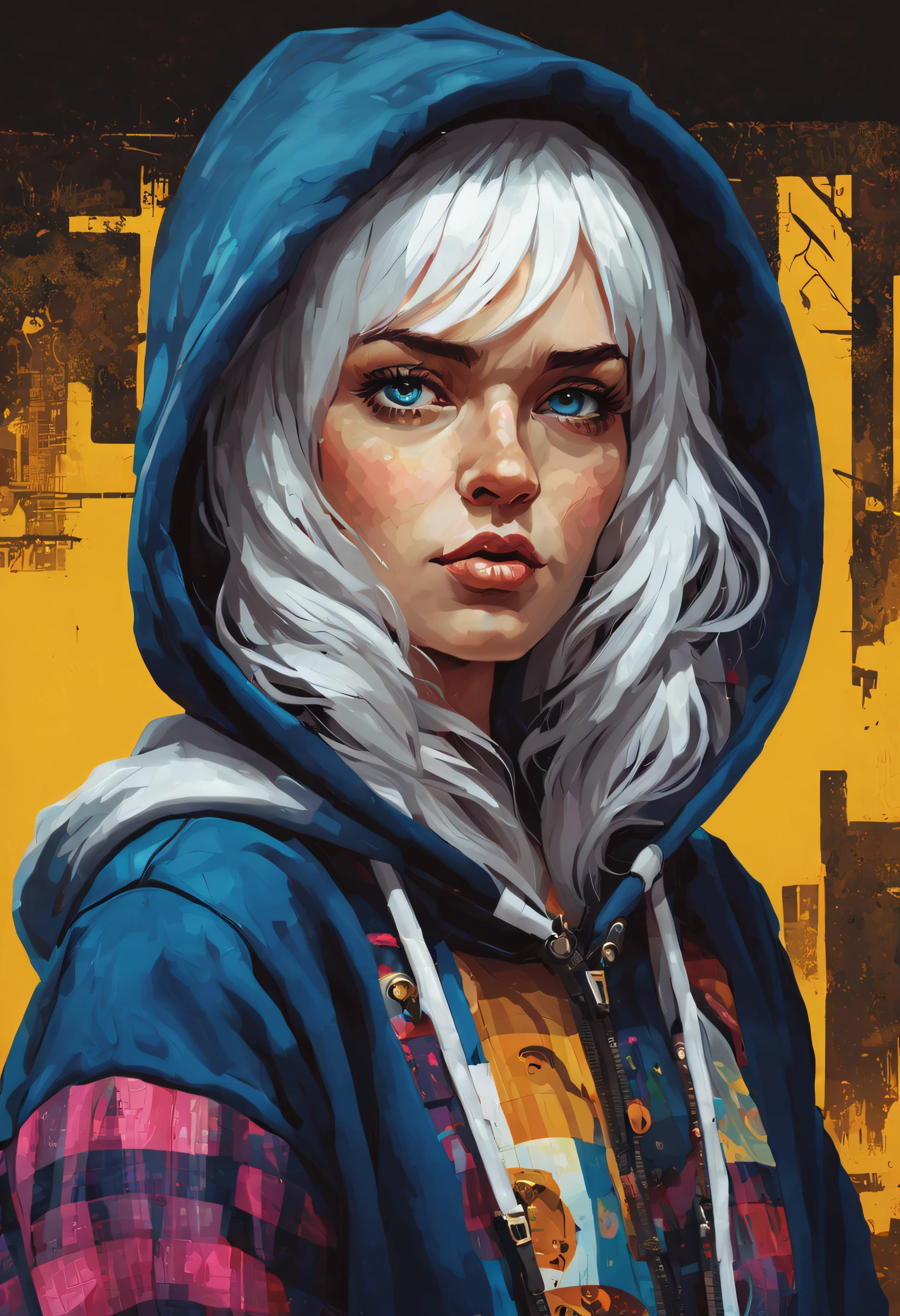 highly detailed portrait of a sewer punk lady student, blue eyes, tartan hoodie, white hair by gustav klimt , art neuveau, atey ghailan, by greg rutkowski, by greg tocchini, by james gilleard, by joe fenton, by kaethe butcher, gradient yellow, black, brown and pink color scheme, grunge graffiti tag wall background