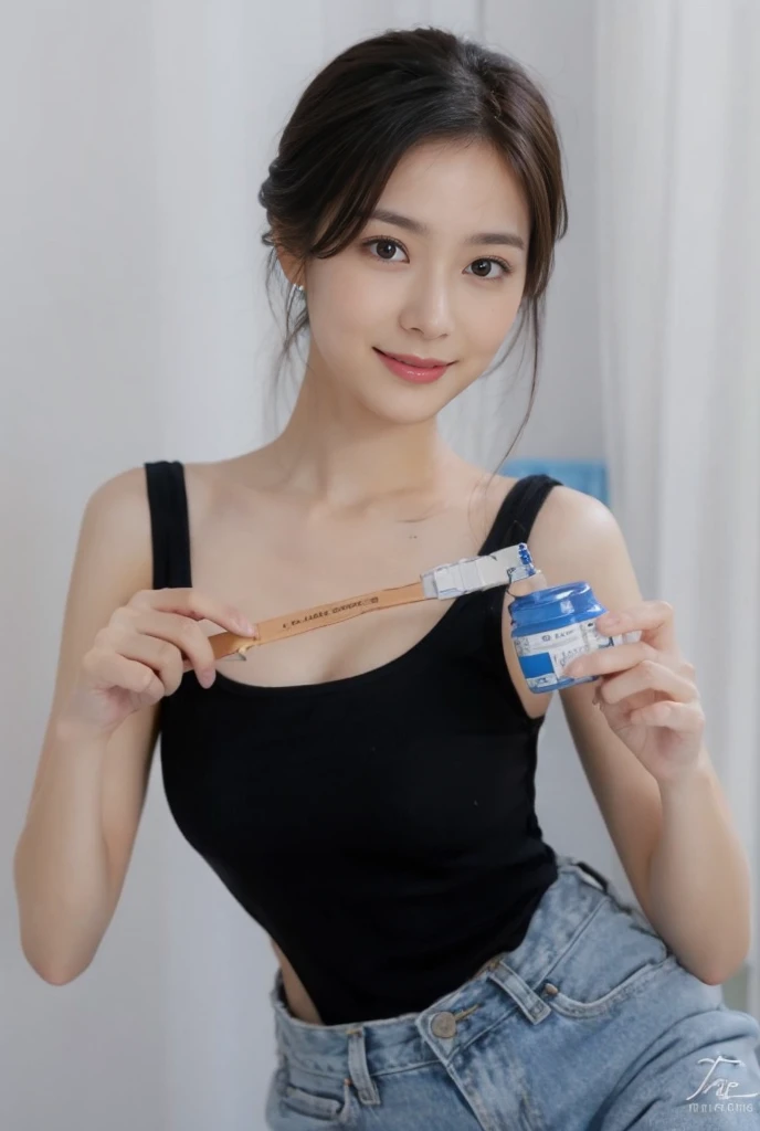 (On a table, Best quality, realistically, ultra - detailed, meticuloso, A high resolution, 8k wallpaper), Close-up portrait of a beautiful woman, Chariada, Smiling, light brown messy hair, Perfect dynamic composition, 美丽meticuloso的眼睛, Just like the cover of a fashion magazine, On campus