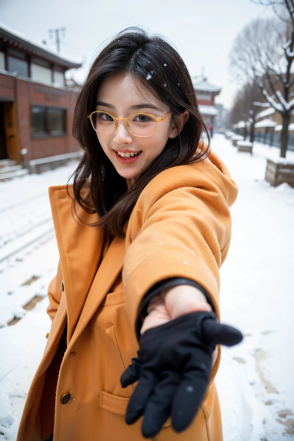 Korean woman, big eyes, very beautiful, wears glasses, laughs cheerfully. Wear an orange overcoat and play in the snow.