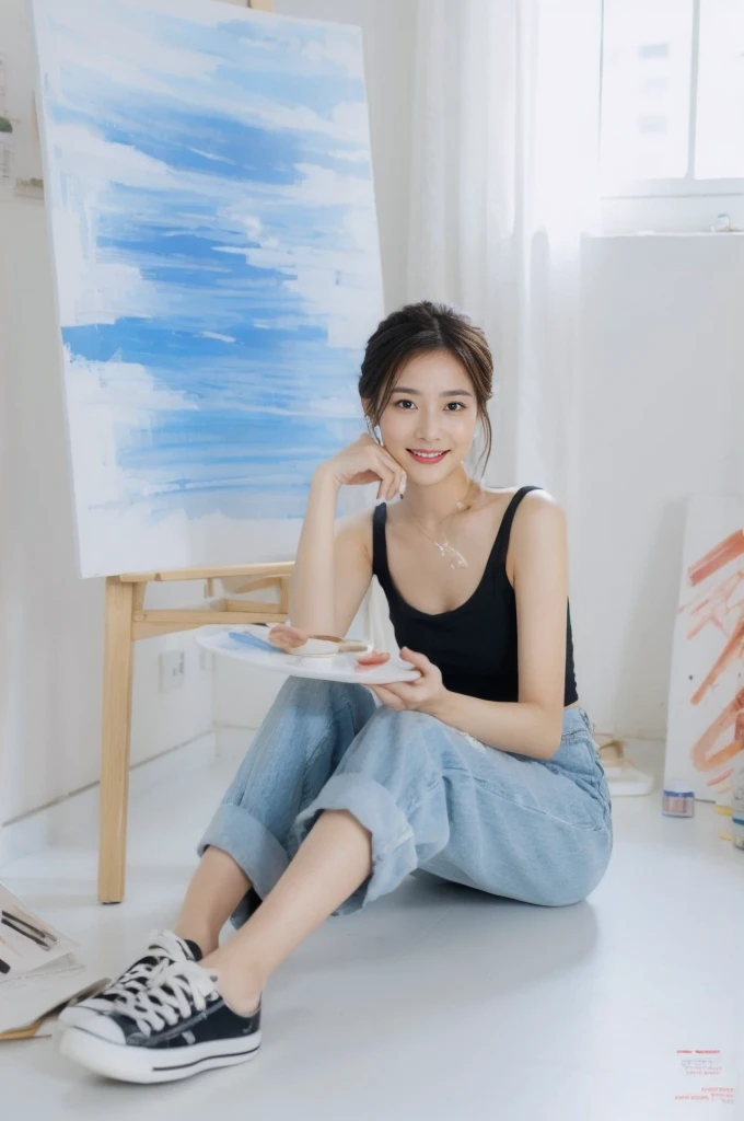 (On a table, Best quality, realistically, ultra - detailed, meticuloso, A high resolution, 8k wallpaper), Close-up portrait of a beautiful woman, Chariada, Smiling, light brown messy hair, Perfect dynamic composition, 美丽meticuloso的眼睛, Just like the cover of a fashion magazine, On campus