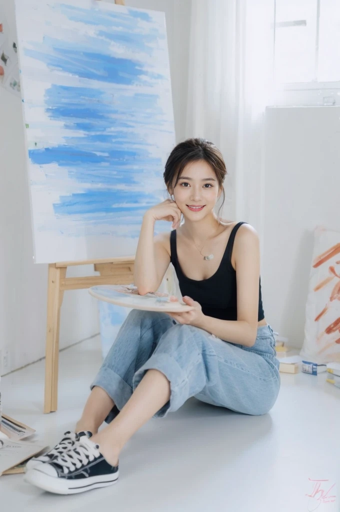 (On a table, Best quality, realistically, ultra - detailed, meticuloso, A high resolution, 8k wallpaper), Close-up portrait of a beautiful woman, Chariada, Smiling, light brown messy hair, Perfect dynamic composition, 美丽meticuloso的眼睛, Just like the cover of a fashion magazine, On campus