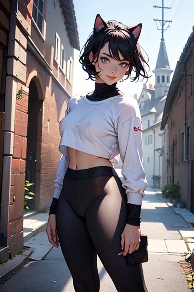 beautiful young female warrior fighter with cat ears on her head, com rosto bem detalhado e bonito, belos olhos, belos olhos, rosto lindo, beautiful young woman wearing long brown leggings with black details, sueter apertado branco, standing in a castle, usando bota preta, cabelo comprido com franja preto, ,orelhas de gato, belo sorriso, tomboy, um pouco musculosa,suter branco com cinta em volta, olhar serio,usando jaqueta de couro apertado preto, com ombreiras de prata nos ombros
