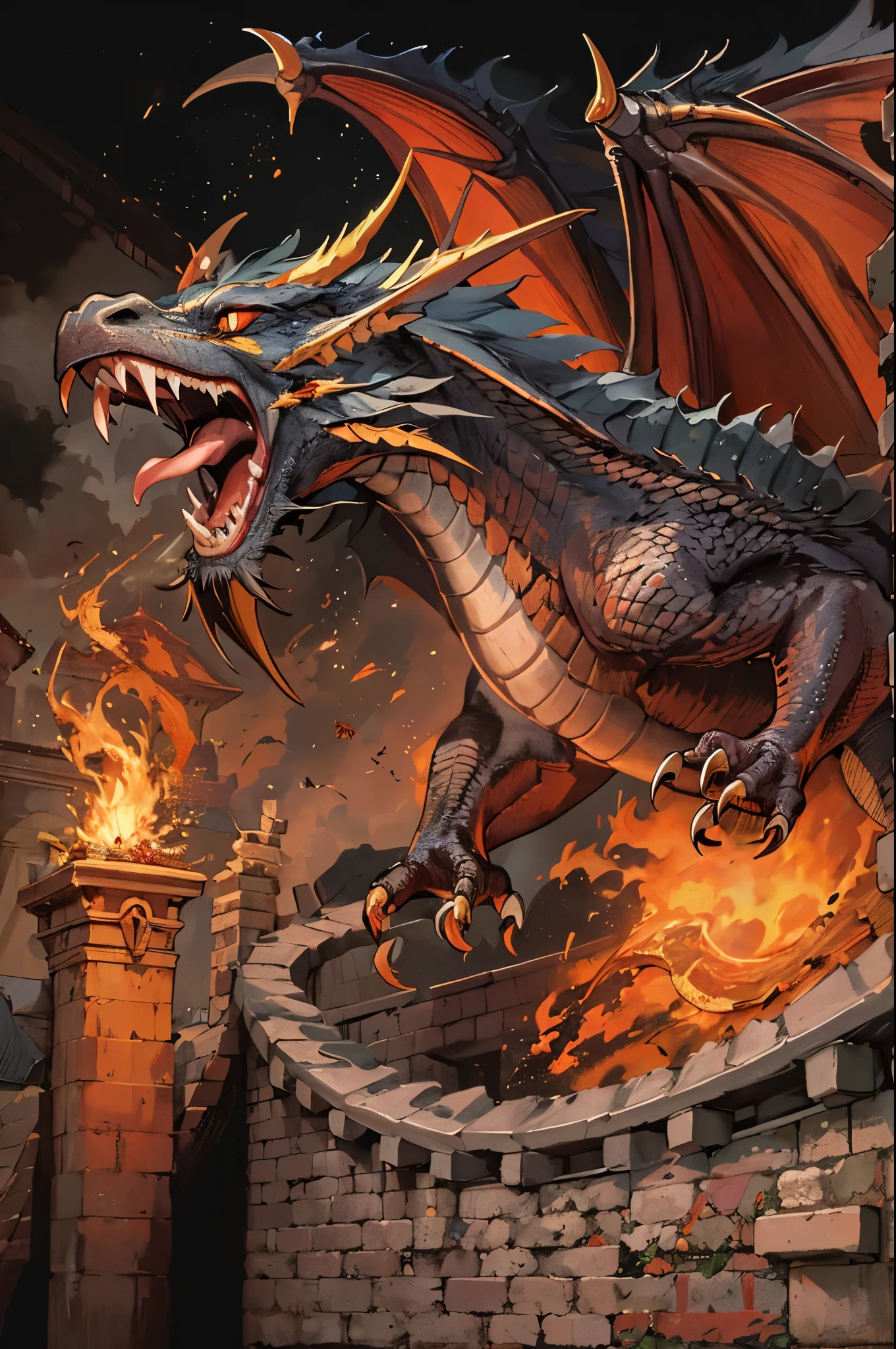 A flying dragon, Angry, Holding fire in mouth, medieval times
