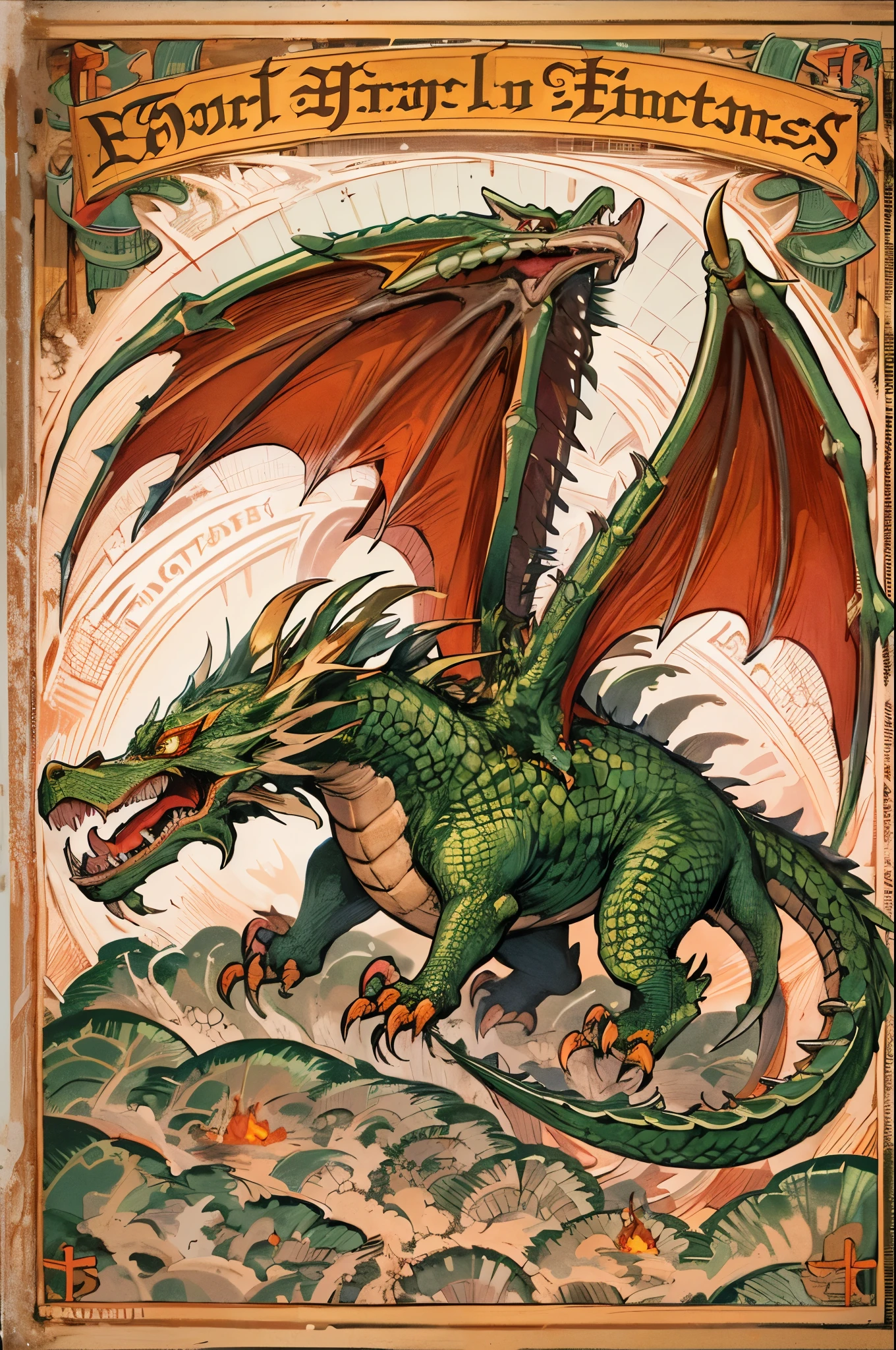 A flying dragon, Angry, Holding fire in mouth, medieval times