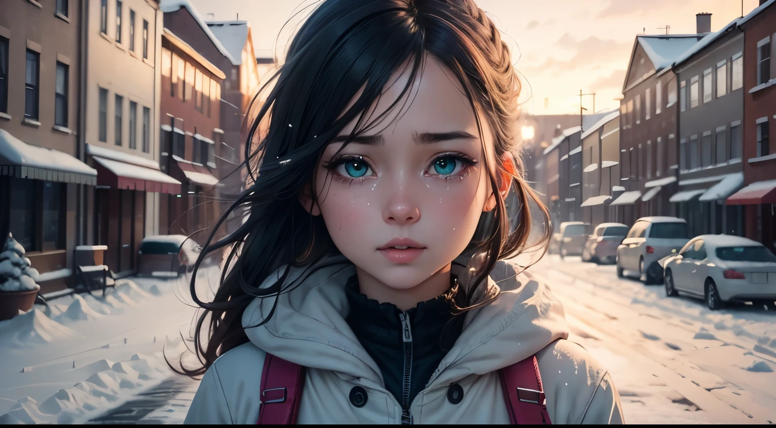 crying,anime girl,blue-green eyes,big window view,snow,Eve City street,illustration,ultra-detailed,realistic,portrait,soft colors,soft lighting