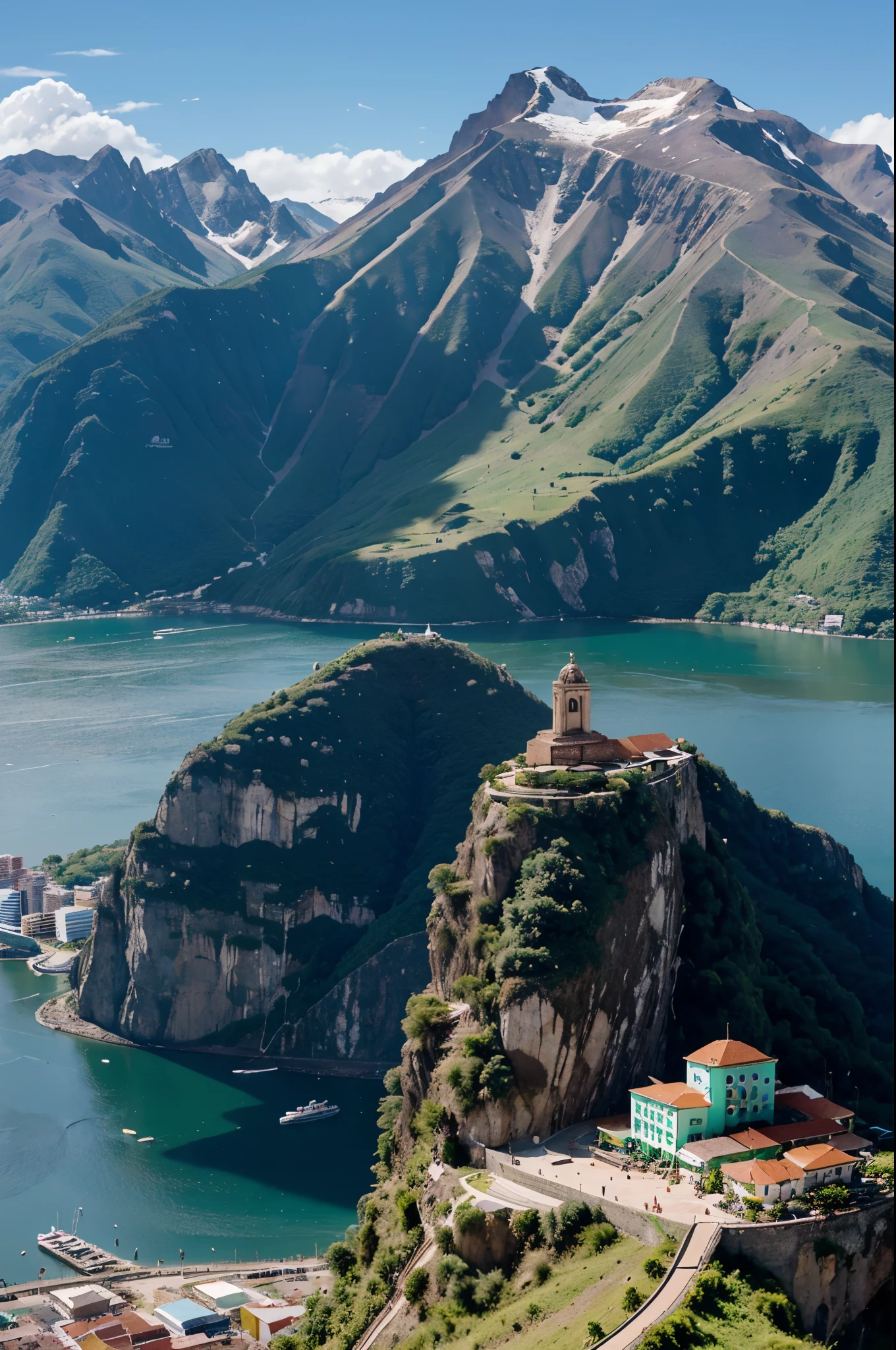 A small city in Bolivia with many buildings and surrounded by mountains, on a mountain there is a Christ similar to or similar to the Christ of Rio de Janeiro, You can go up to this Christ with a 2-cabin cable car. In this city there is a modern electric train with 3 cars and a small lagoon near the city.