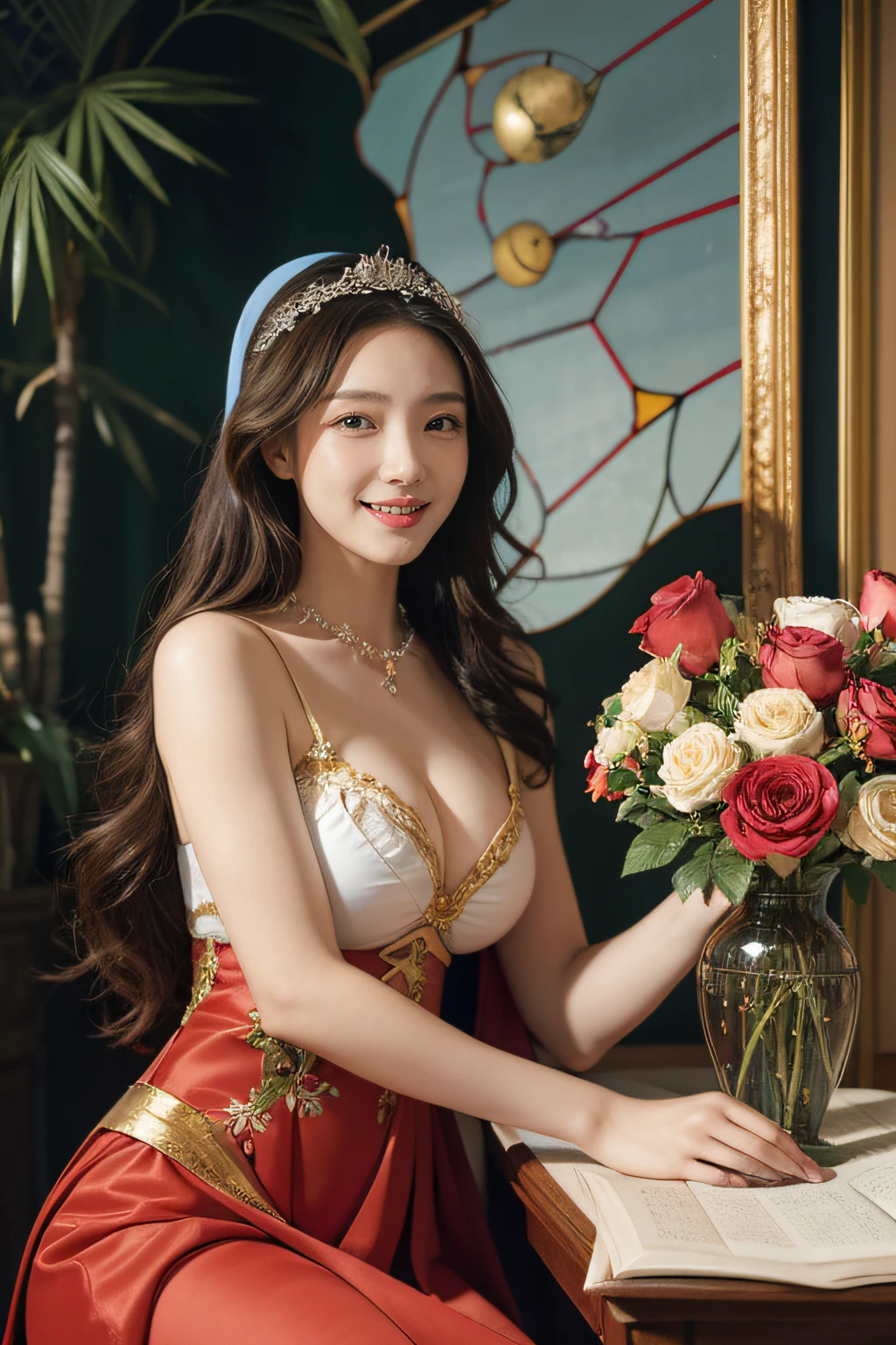 Geometry,stain glass,12 zodiac signs,Vigée Leblanc style,Math、Astronomical utensils,astronault,Roses in a vase,fruits,cute little,A smile,Ancient Greek costumes,Paintings by Sandro Botticelli,Costume with stretched shoulders,huge smile,large full breasts,Ecstasy expression,A sexy,Beautiful bare skin