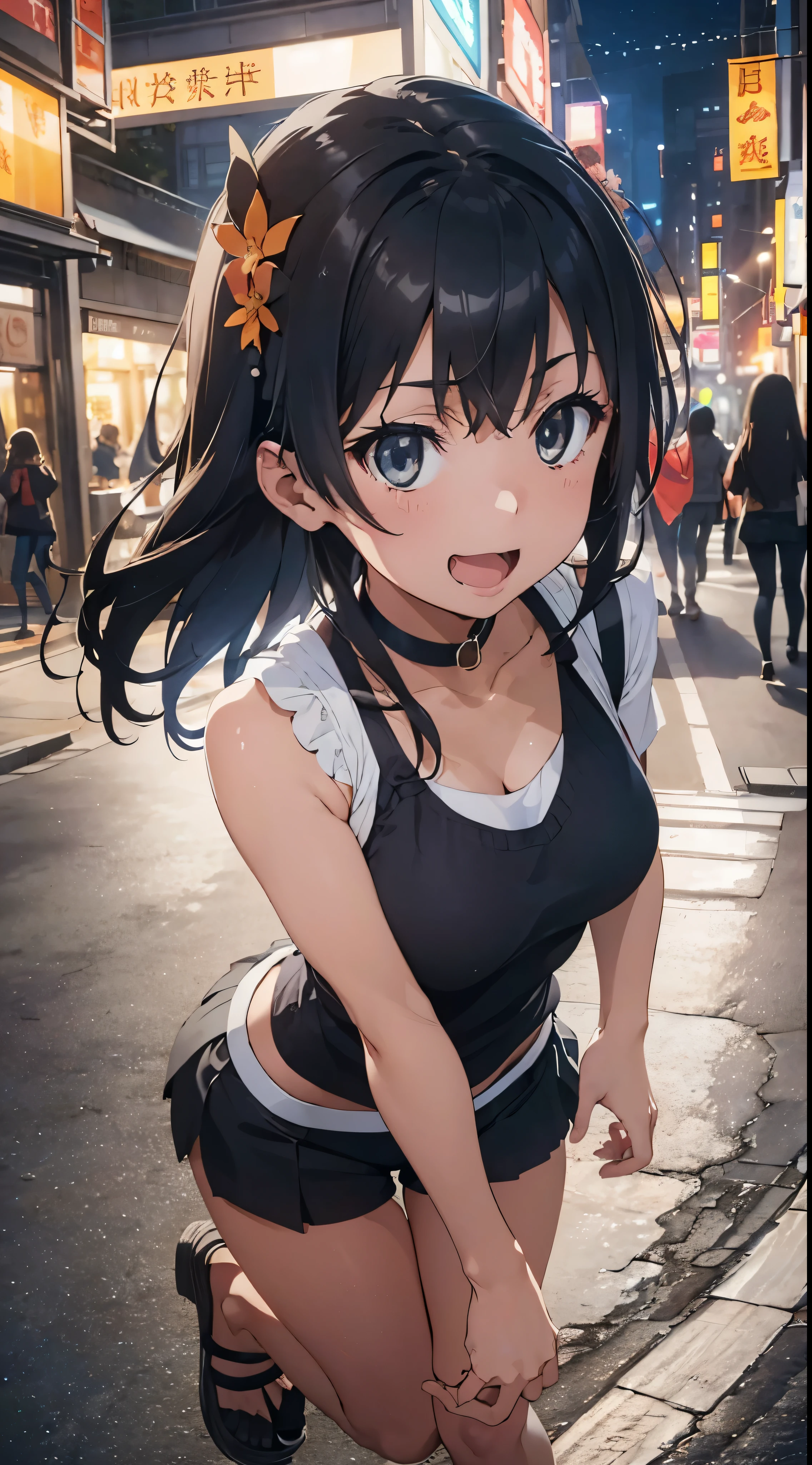 (Official art、Best Quality、Unity 8k Wallpapers、32K、​masterpiece、ultra-detailliert、超A high resolution、realisitic、Photorealsitic:1.2)、(Cinematic lighting:1.2)、Fireglow effect、The grainiest shadow of the film、Rim lighting、side lights、sideshot、(ultra-detailliertで複雑な3Dレンダリング)、Detailed beautiful face and eyes、A slender、Medium bust、(Full body:1.2)、 Highly detailed background、beauitful face、blurry backround、16-year-old beautiful girl、(ultra-detailliertなスキン、detailed skin textures:1.3)、Orange hair、Brown-eyed、Hip Hop Cable、Tank Tops、hotpants、(thighs thighs thighs thighs:0.8)、Knitted sandals、City at night、Smile with open mouth、a choker、dynamicposes、(Satin Narico)