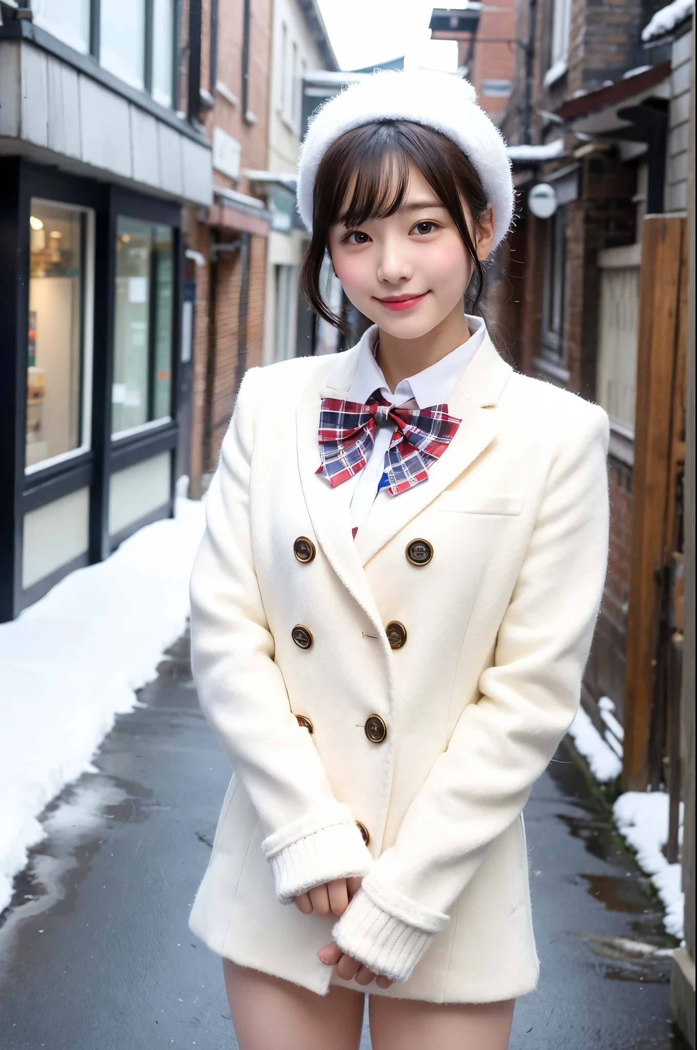 girl in snowy town street,white knitted hat,sailor shirt with red bow tie,white leggings,sailor long coat,gloves,plaid pleated skirt,18-year-old,bangs,a little smile,thighs,knees,short cut hair,ponytail,from below