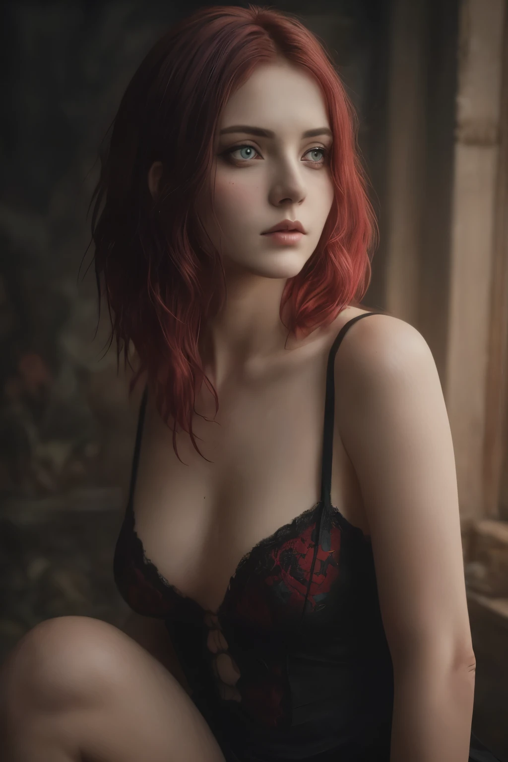 (Realisttic:1.2), analog photo style, cute woman with short black-red multicolored hair, red eyes, (Gloomy and dark atmosphere), soft natural light, faded colours, sexy, great quality, Masterpiece, detailed fantasy background, better performance, 16k quality, HDR, RAW photo