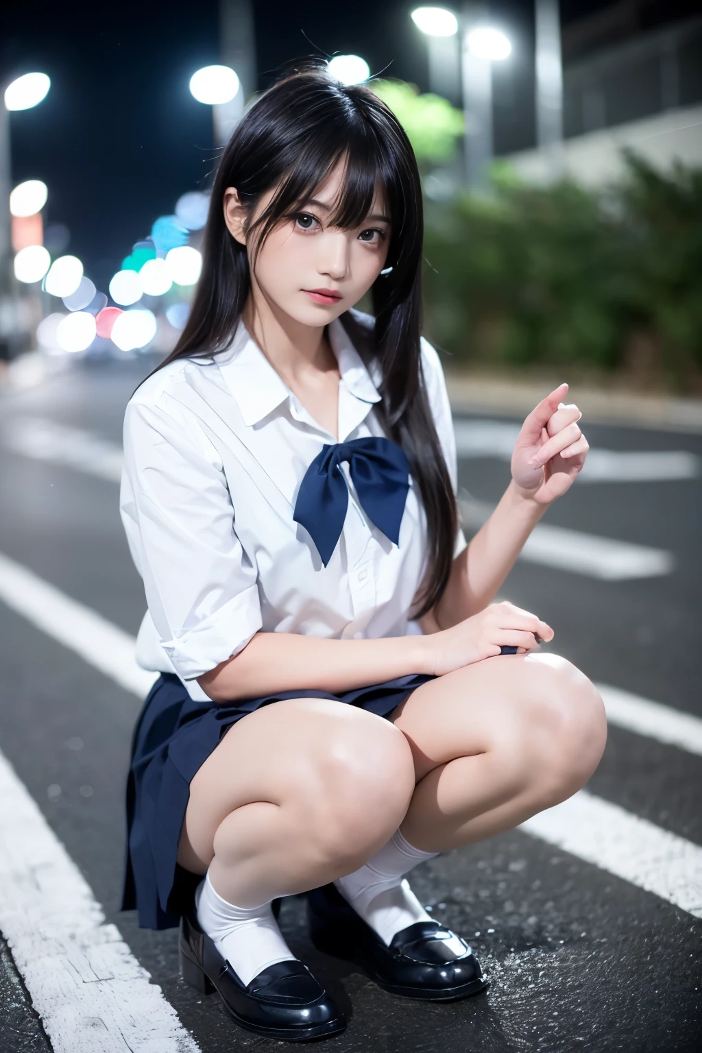 1womanl、(Super beautiful)、(beauitful face:1.5)、Clear pubic contours、Squatting、Spread your legs、(white  panties:1.4)、(high-school uniform)、(Dark blue pleated skirt)、(Wear black loafers)、(Sidewalk in Shibuya at night)、Neon sign、(At SFW:1.1)