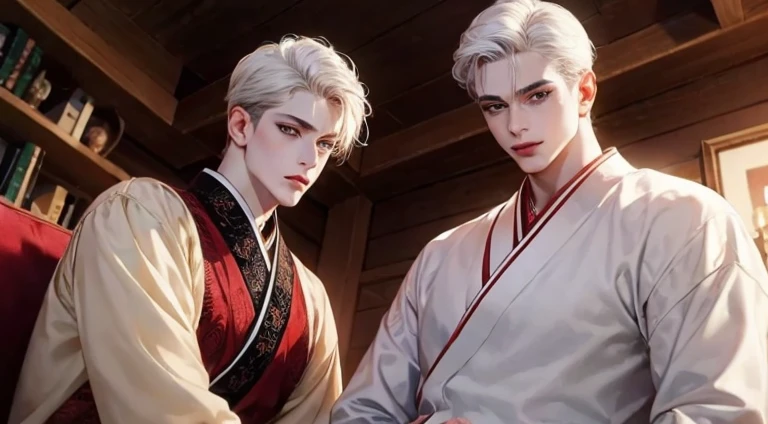 ​masterpiece, top-quality, 1boy, 独奏, , 非常に詳細なmale peopleキャラクター, Highly detailed fantasy adventure costume, male peopleの焦点, well-muscledのmale people, white  hair, Look at viewers, a smile, , blue eyess, shorth hair, Convoluted, abandoned architecture, illustratio、、nobles、不敵なa smile、、male people、年轻、red eyes、livingroom、Sitting on a beige sofa、、red blush、Unparalleled beauty,face perfect、、(male people二人、male peopleだけ,),Perfect Eye、Lying in bed、Traditional costumesに身を包んだ、Traditional costumes、、、ファッションmodeled、actor、modeled、brand costume、、well-muscled、,