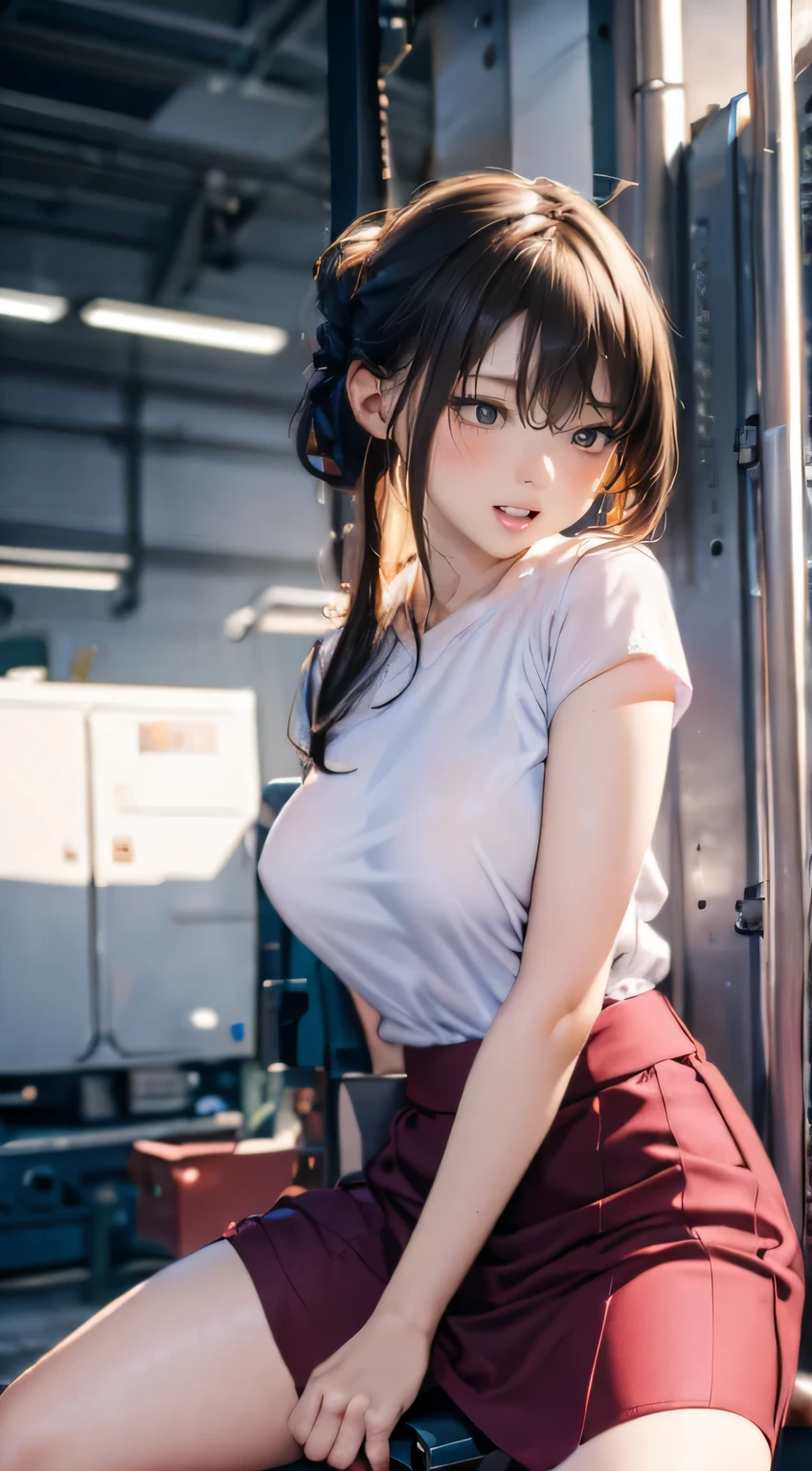 high-definition images, atmospheric perspective, 8k, super detail, accurate, best quality, single shot, a women, worker clothes,, tight skirt, (straddling to hit her crotch on exposed pipe), open mouth, open legs, raise leg, (ecstasy face), (drooping eyes, blush sleepy), slut, showing off her areola, masturbation, hair up, in the factory, machines,