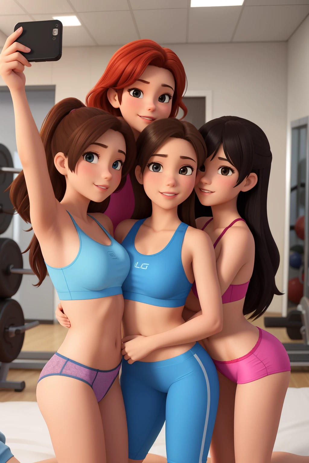4 girls, young looking, bra , tight panties, gym locker room, laying on bed. 3d cartoon with accurate proportions, taking selfie, group hug
